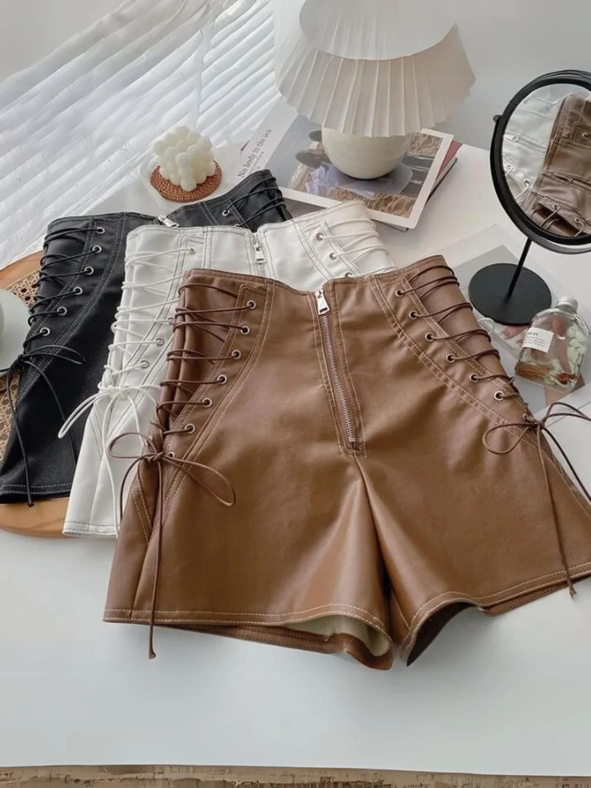 A Little Sassy Vegan Leather Lace-Up Shorts - Image 2
