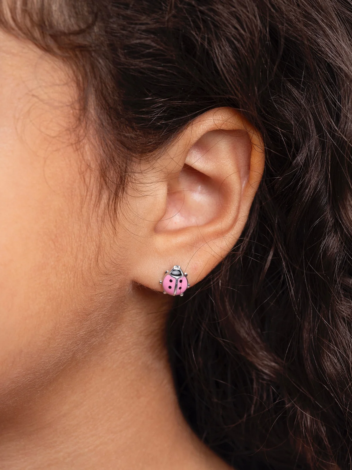 Girls Premium Sterling Silver Pink Ladybug Stud Earrings - Image 2