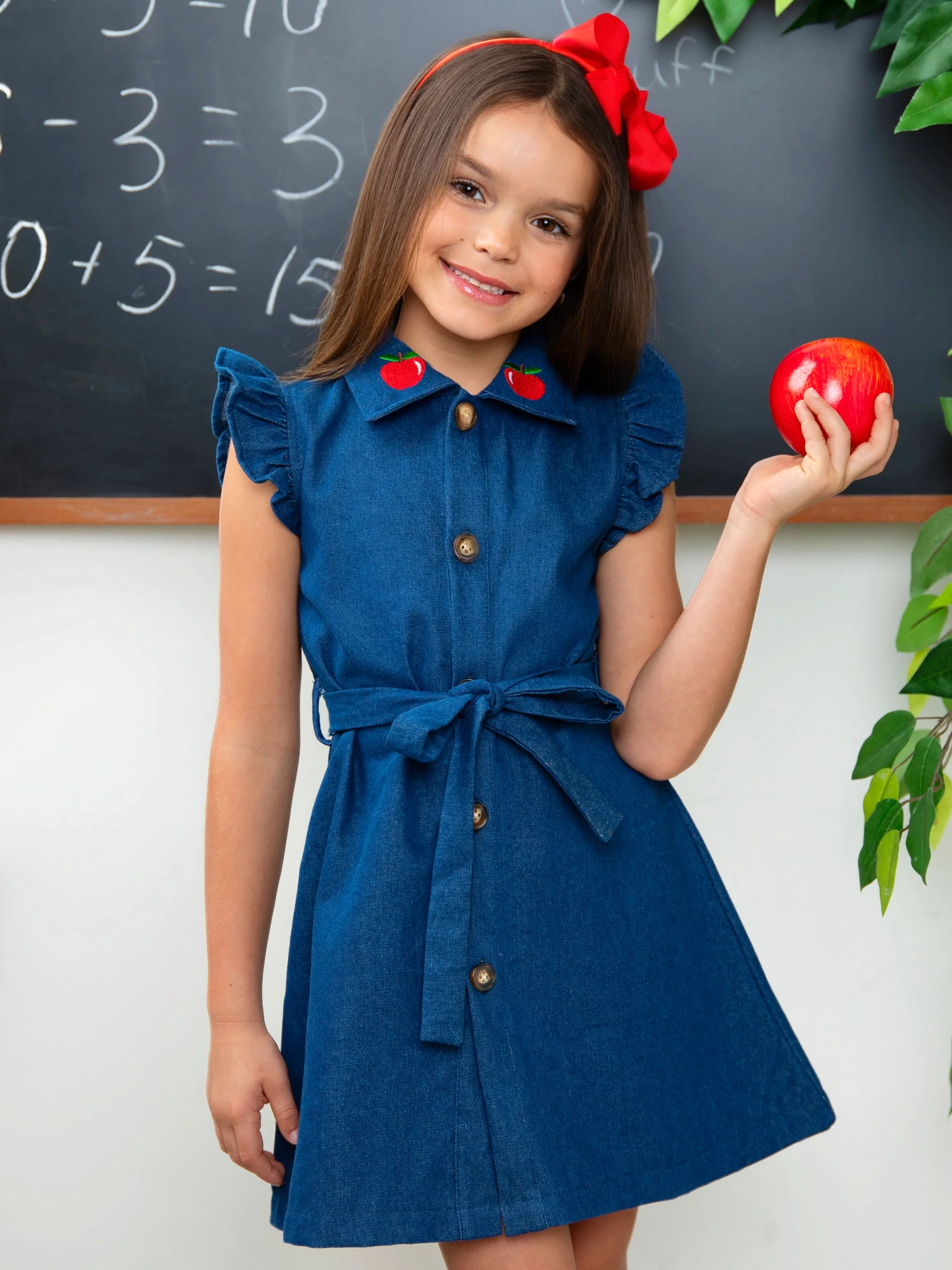 Apple Charm Embroidered Denim Dress