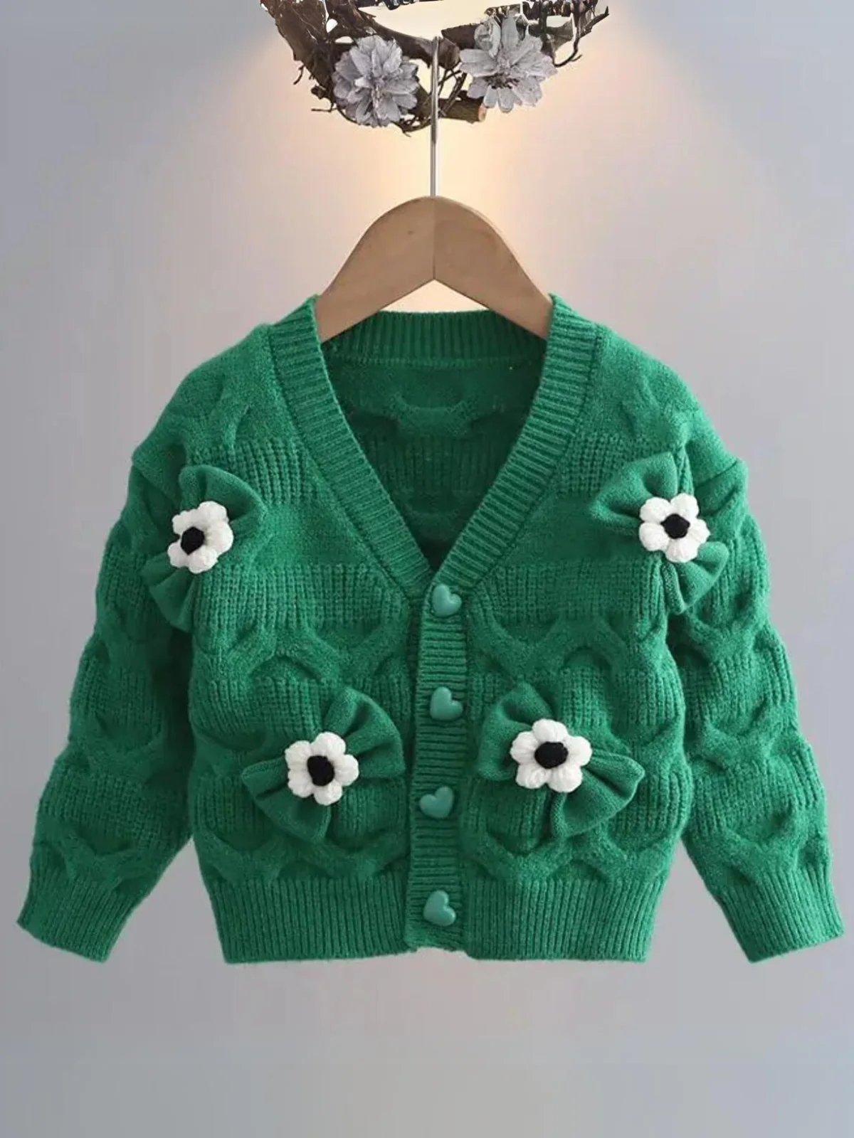 Girls Floral Button-Up Cardigan with Adorable 3D Flower Details and Heart-Shaped Buttons - Image 14