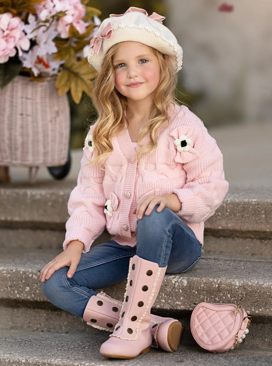Girls Floral Button-Up Cardigan with Adorable 3D Flower Details and Heart-Shaped Buttons - Image 2