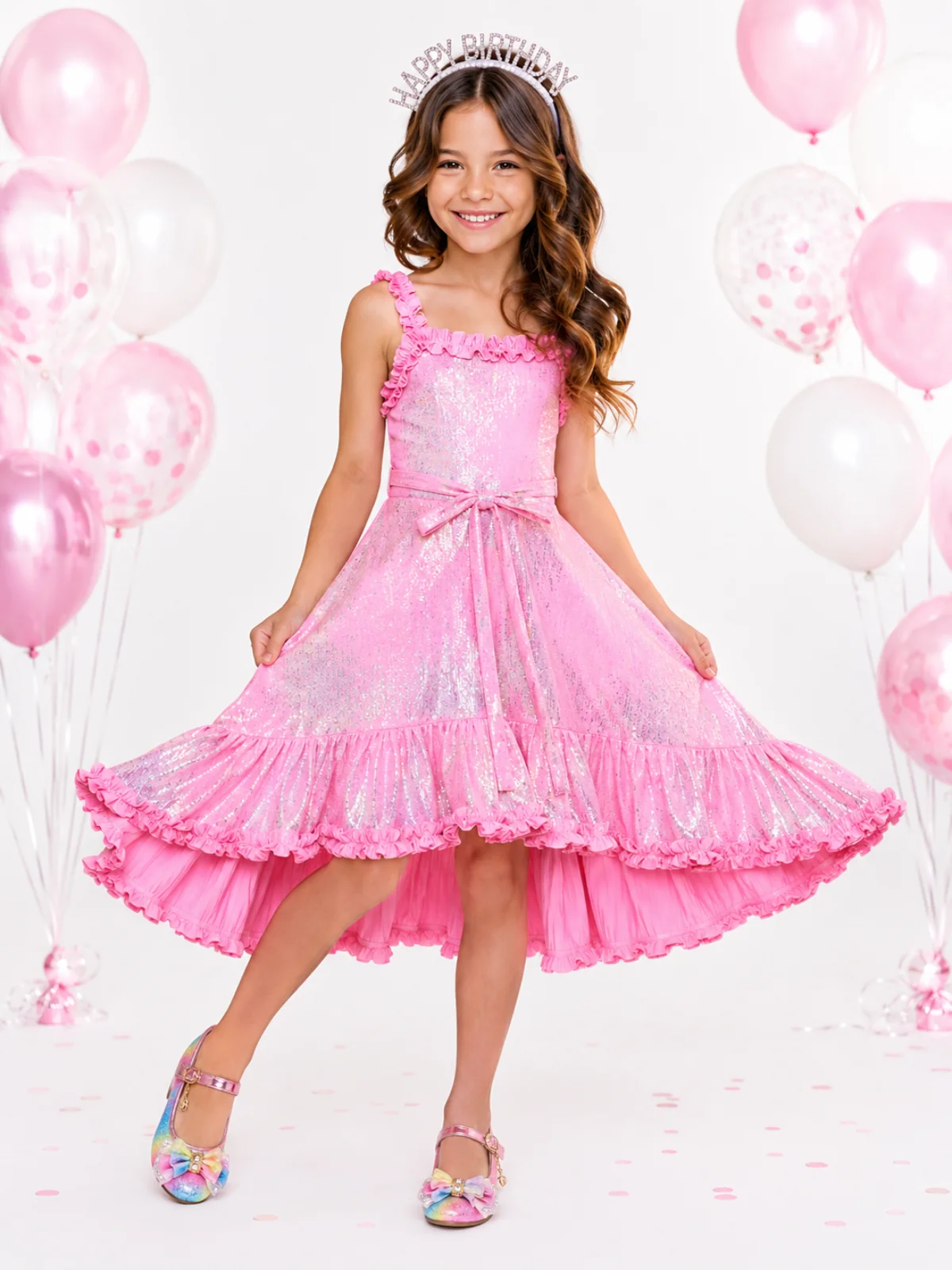 Birthday Glow Pink Shimmer Hi-Lo Ruffle Dress