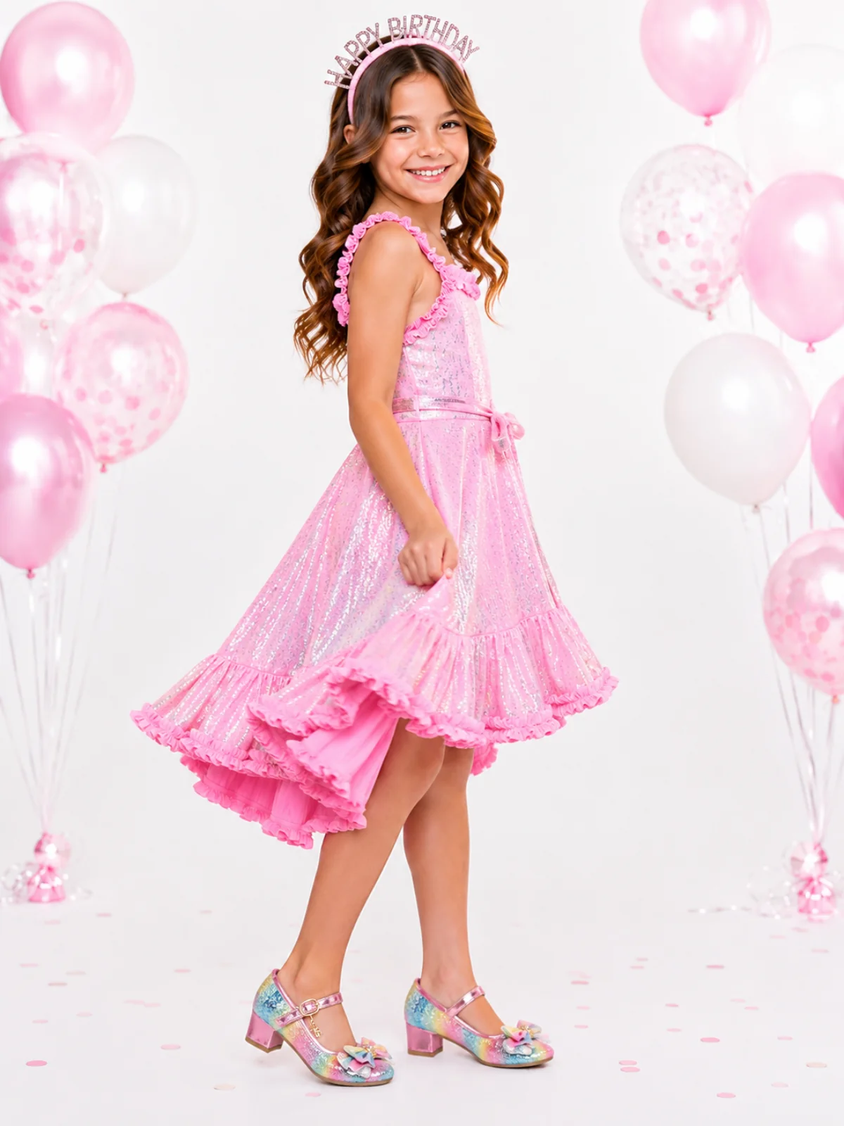 Birthday Glow Pink Shimmer Hi-Lo Ruffle Dress - Image 4