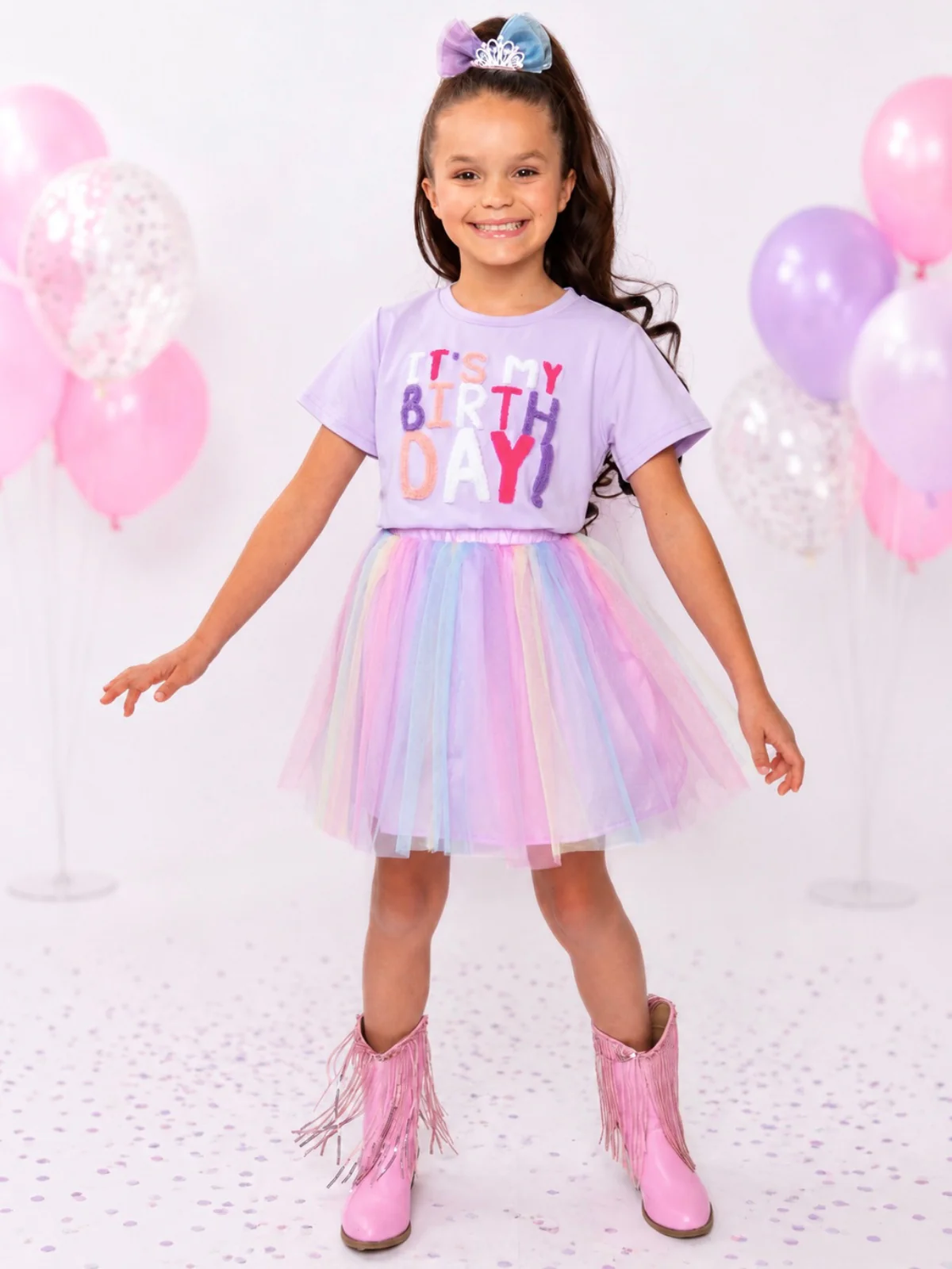 Birthday Sparkle Lavender Top and Rainbow Tulle Skirt Set