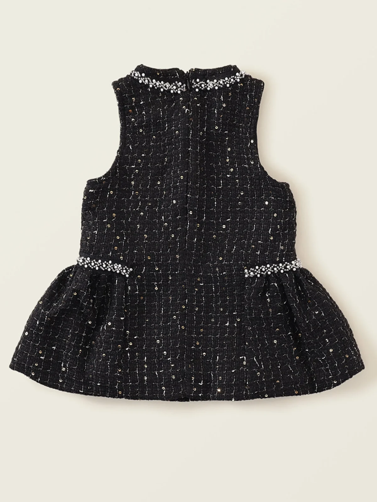 Black Tweed Pearl Bow Ruffle Tank Dress - Image 5