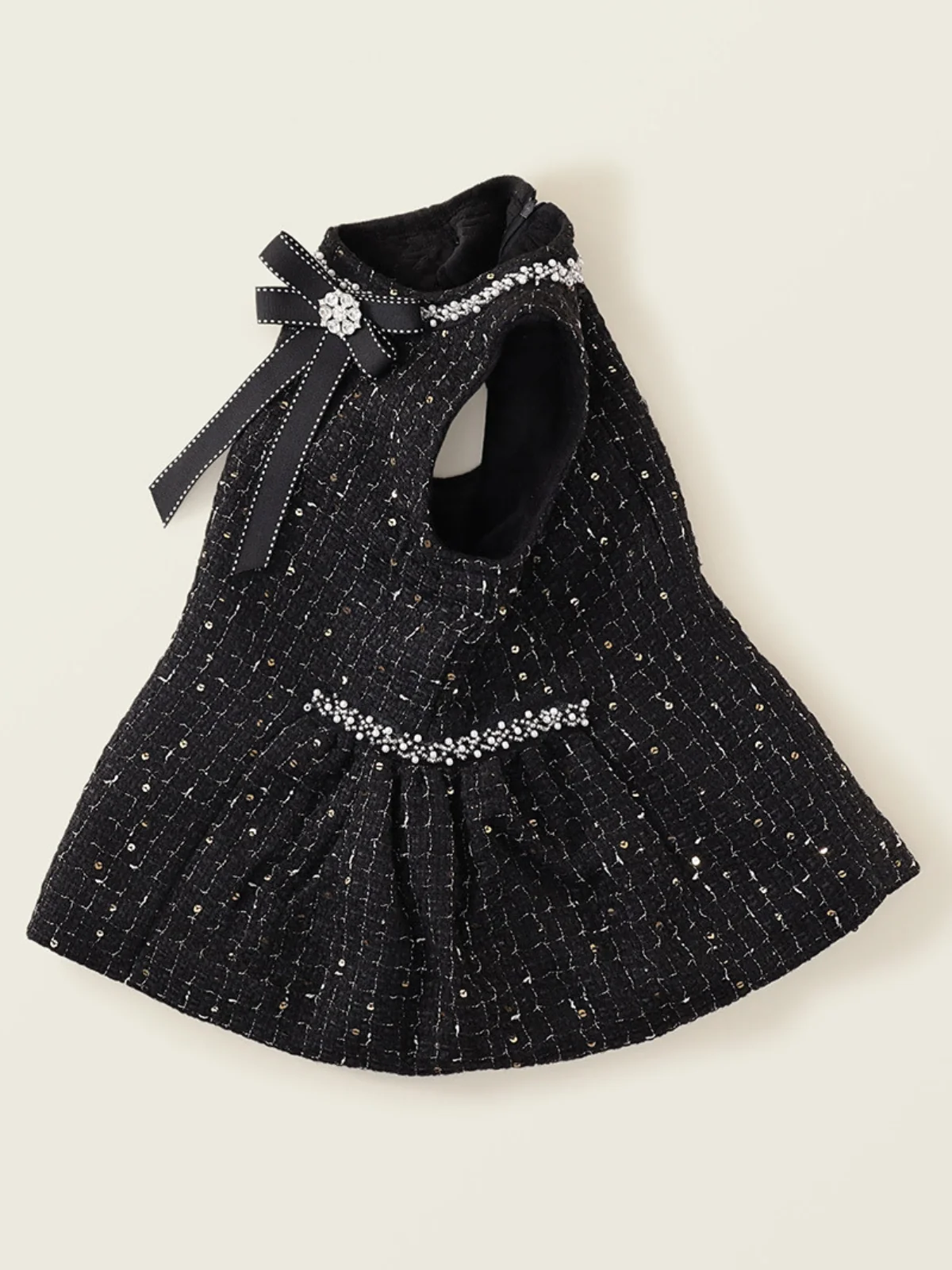 Black Tweed Pearl Bow Ruffle Tank Dress - Image 6