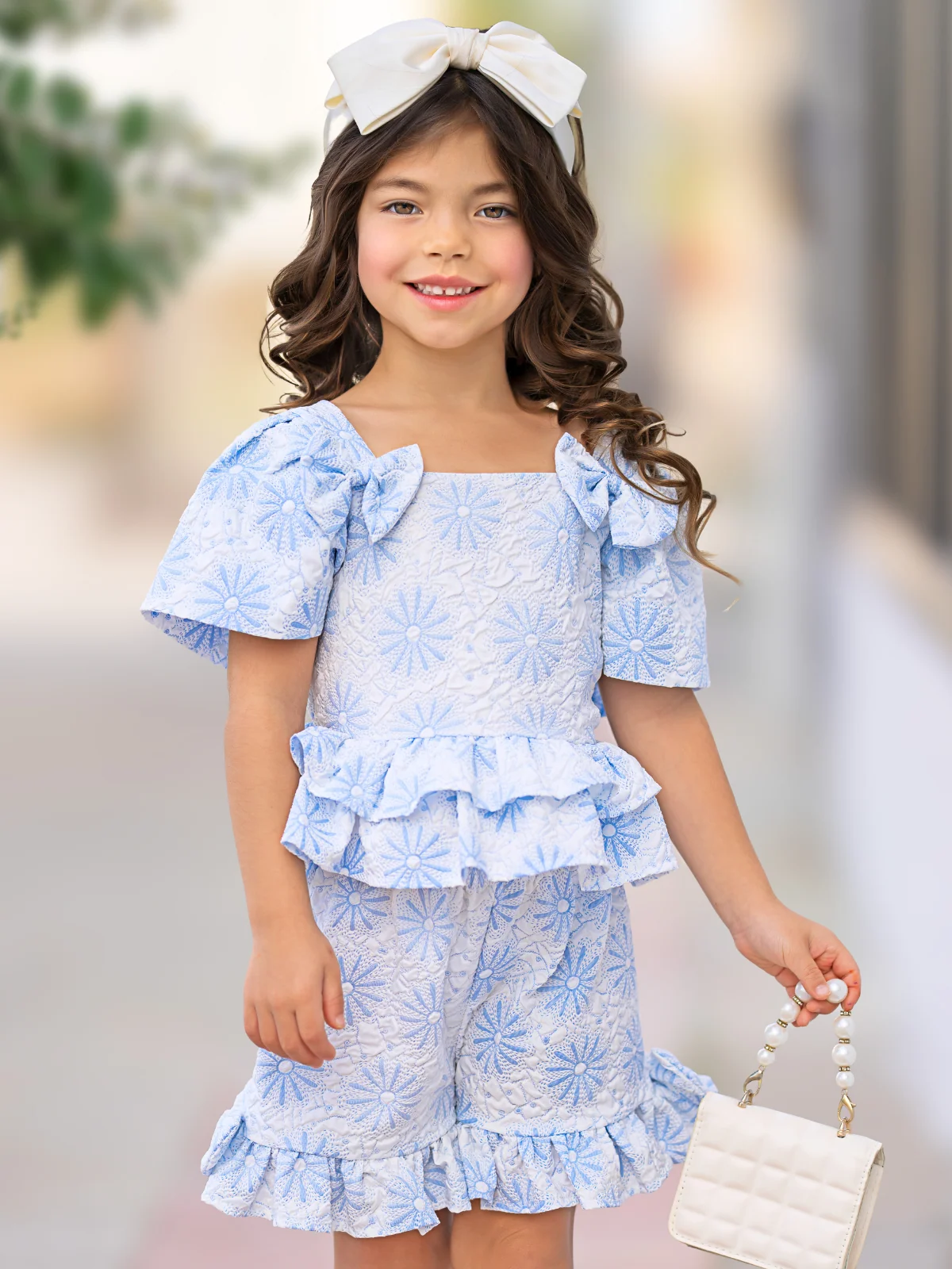 Blue Daisy Flutter Top and Ruffle Short Set