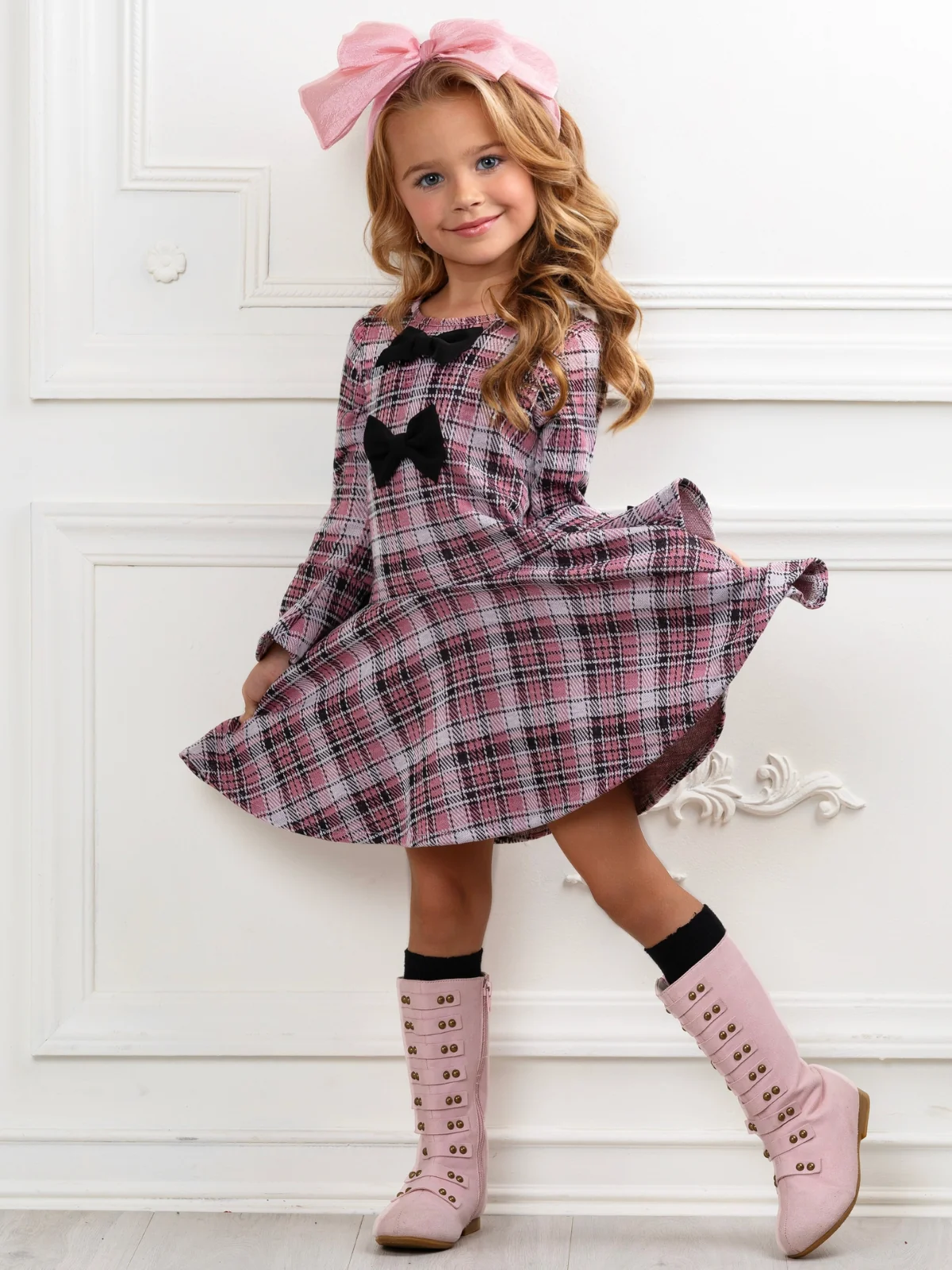 Blush Charm Bow Plaid Bell Sleeve Dress - Image 2