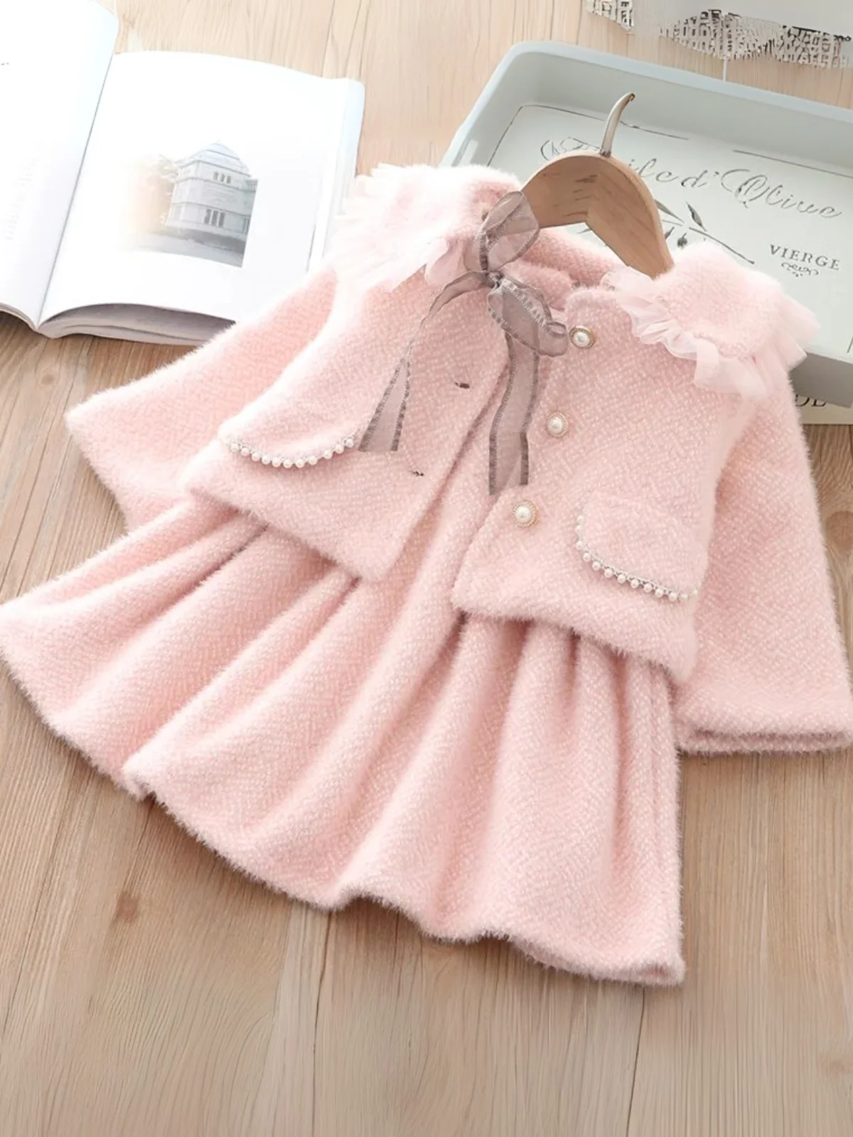 Blush Tweed Pearl Trim Coat & Tank Dress Set