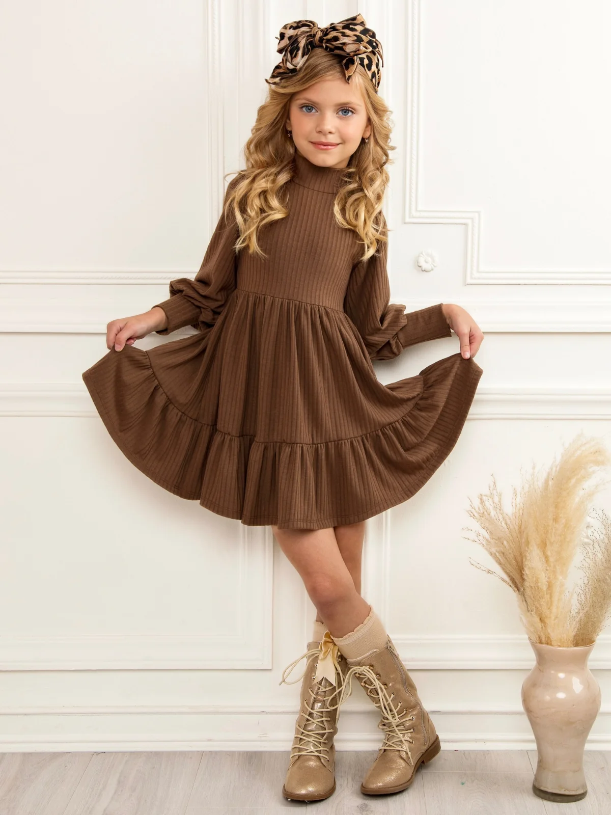 Brown Ribbed Long Sleeve Ruffle Dress - Image 2