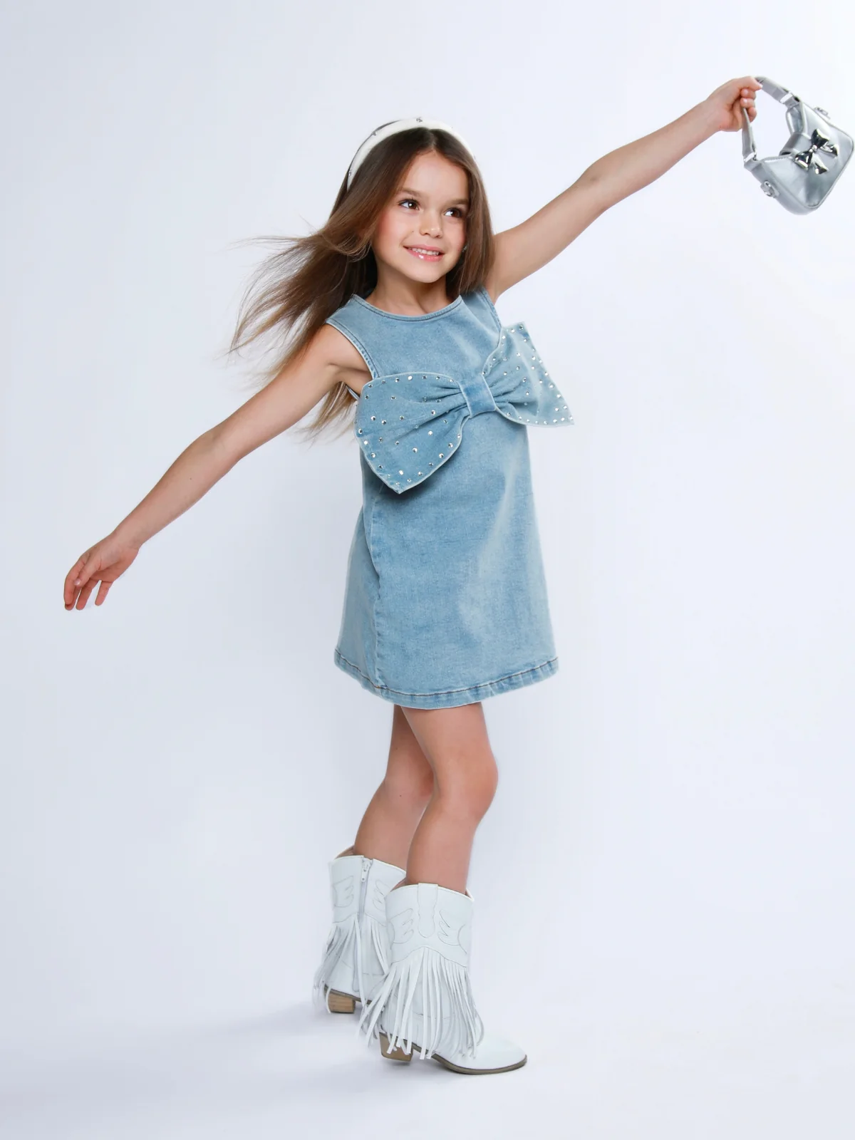 Chic Bow Rhinestone Denim Shift Dress