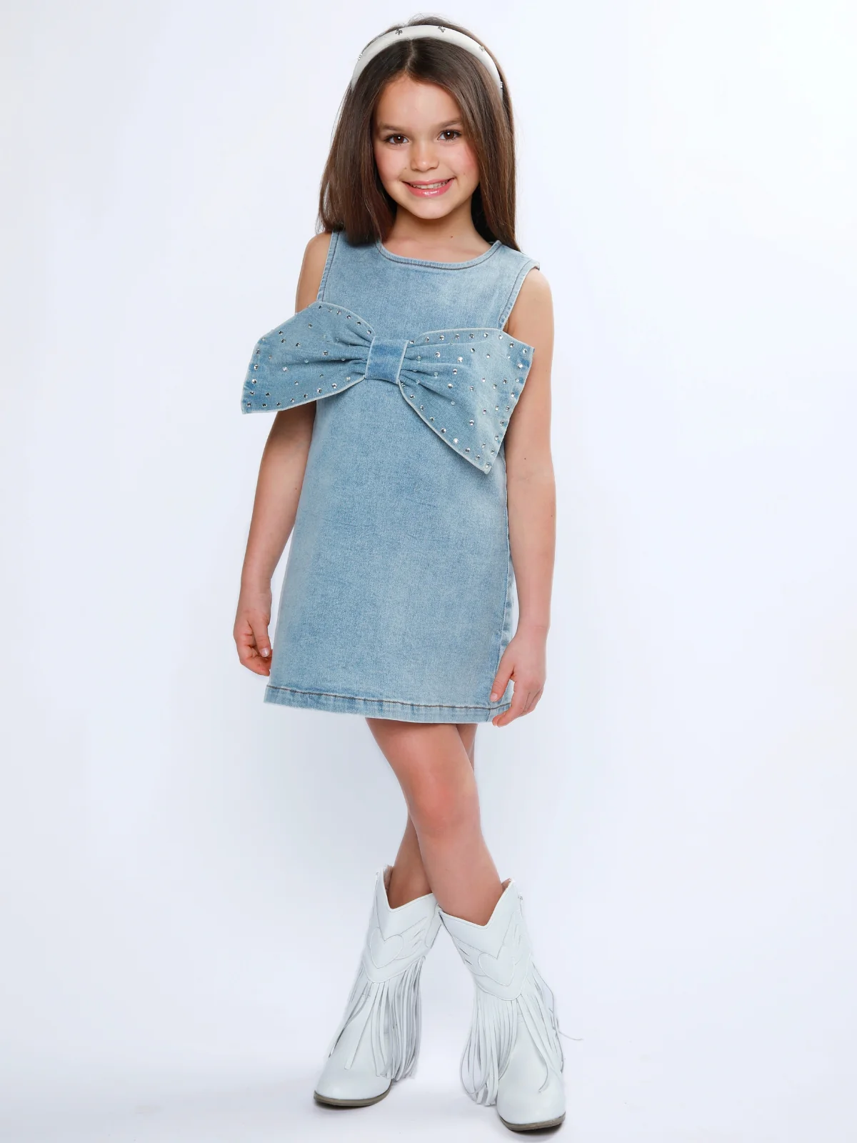 Chic Bow Rhinestone Denim Shift Dress - Image 6