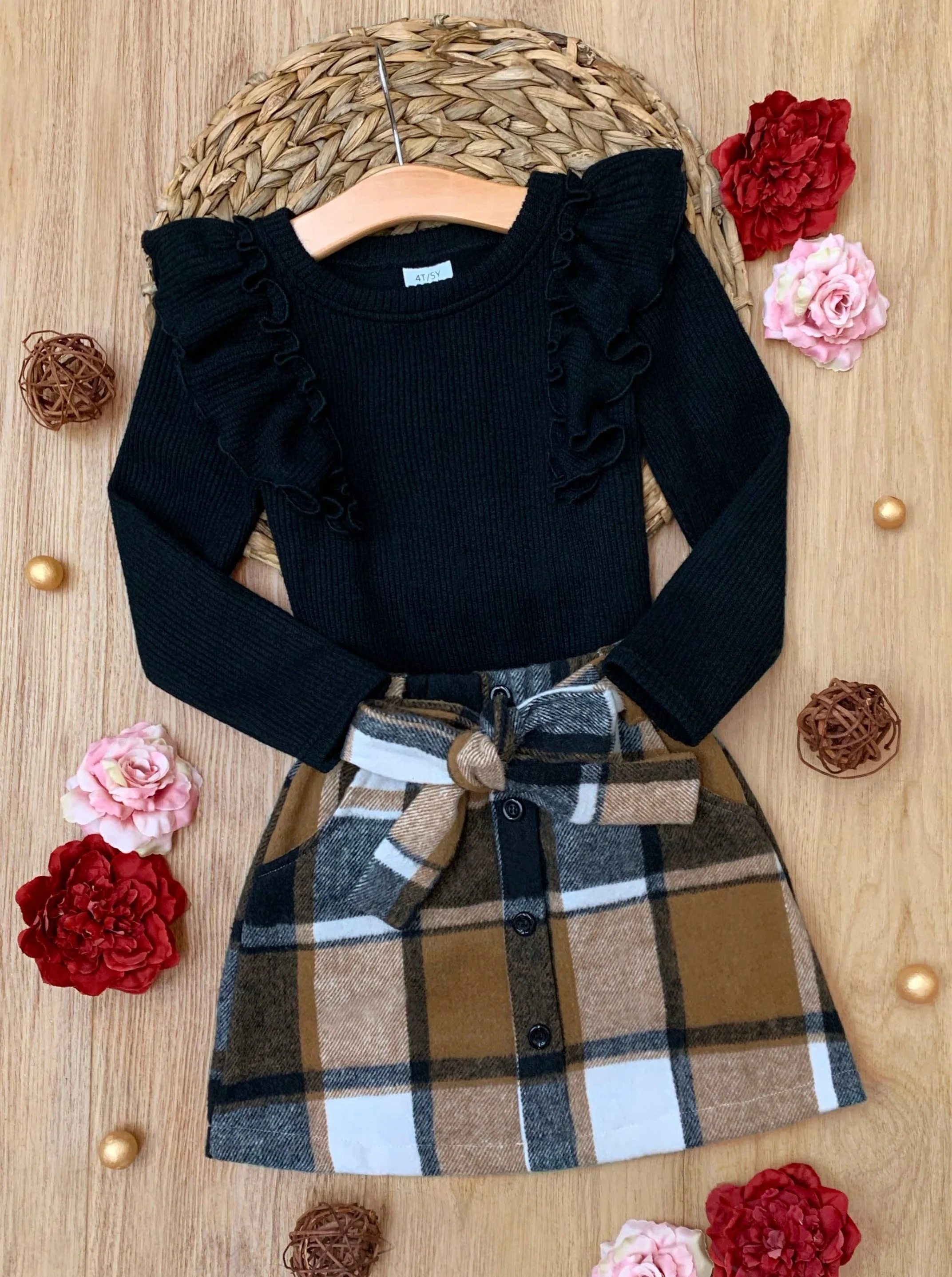 Classic Plaid Ruffled Top and Brushed Fleece Skirt Set - Image 2