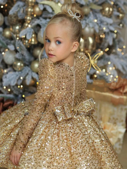 Gold Long Sleeve Mini Special Occasion Dress - Image 3