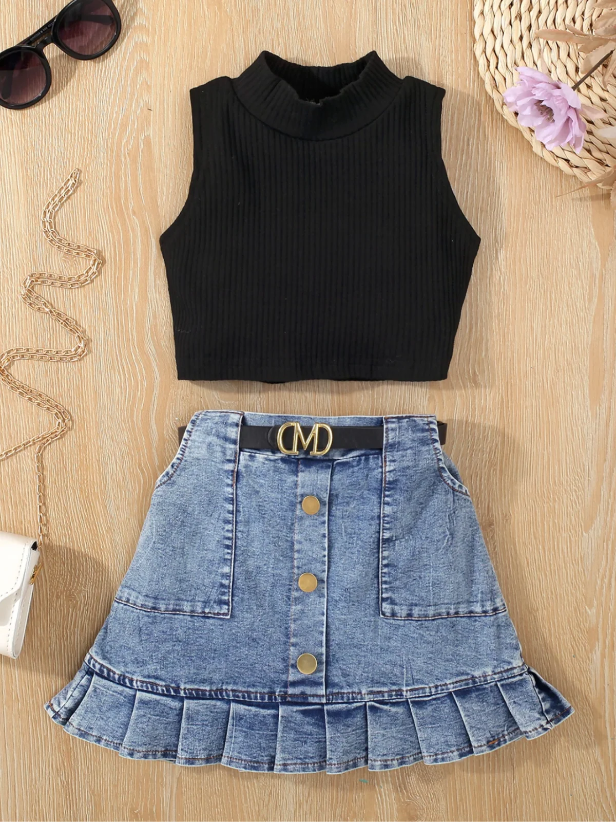 Classic Tank and Pleated Denim Skirt Set - Image 7