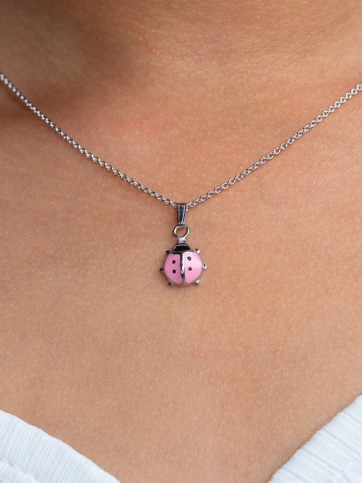 Girls Premium Sterling Silver Pink Ladybug Pendant Necklace - Image 2