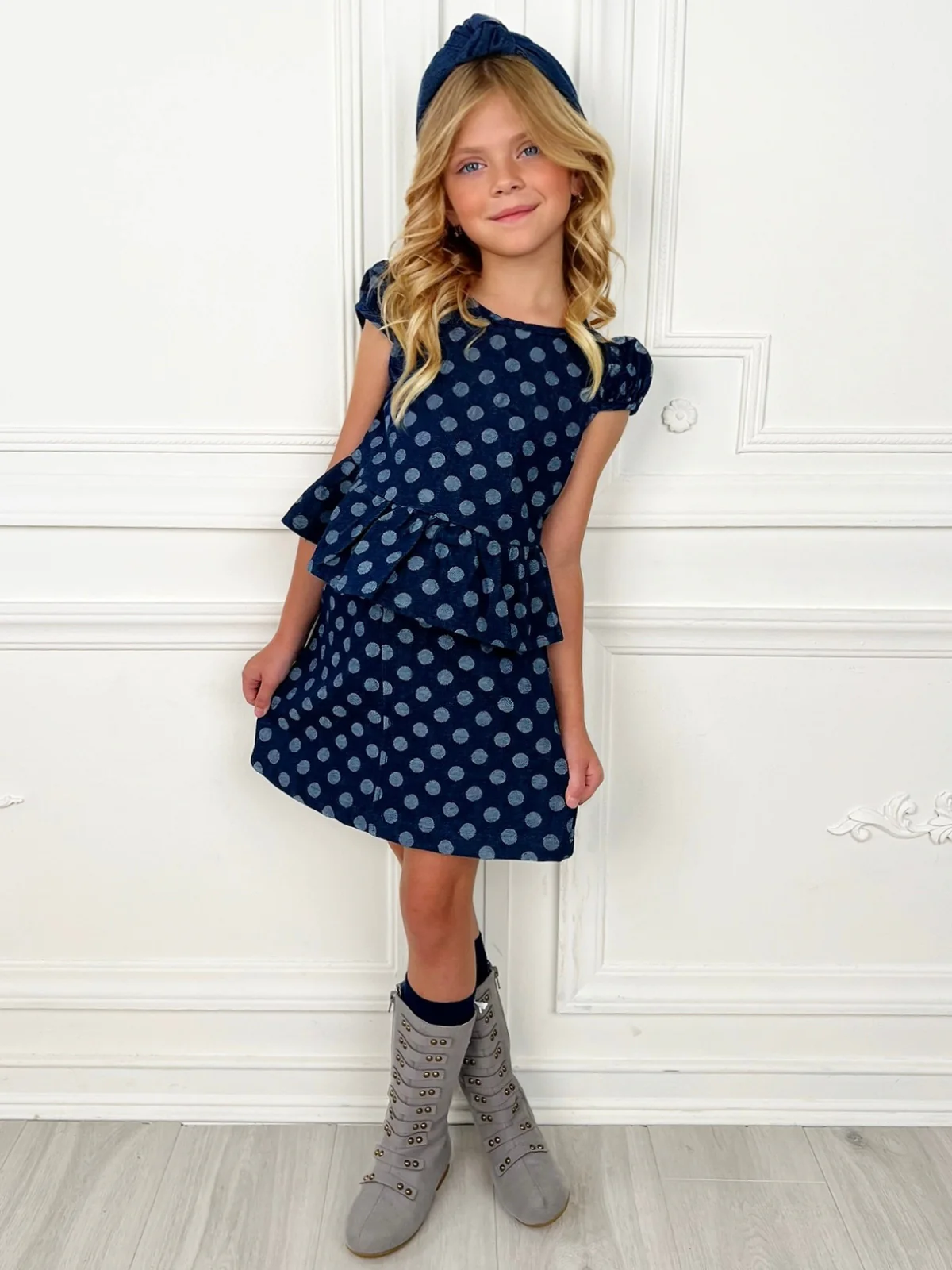 Polka Dot Peplum Matching Denim Top and Skirt Set