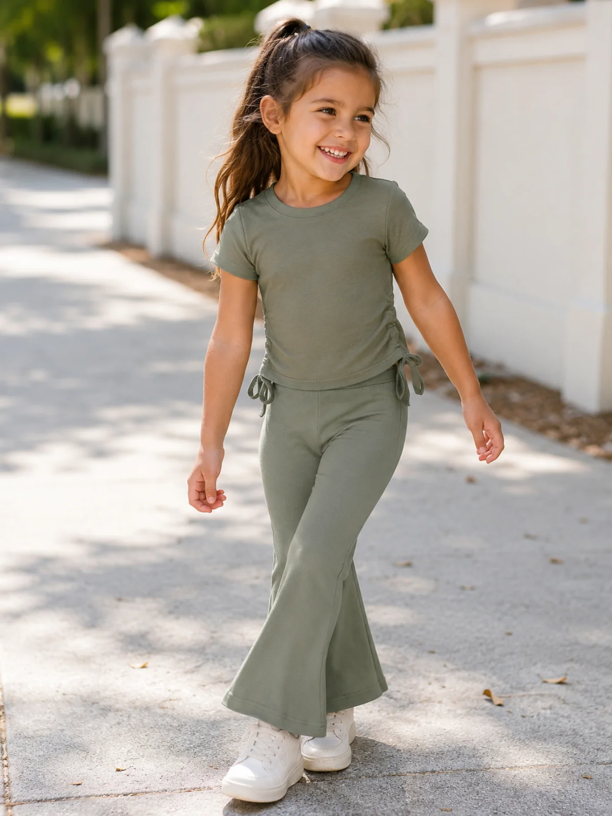 Everyday Stretch Olive Side-Ruched Tee & Flare Pant Set - Image 2