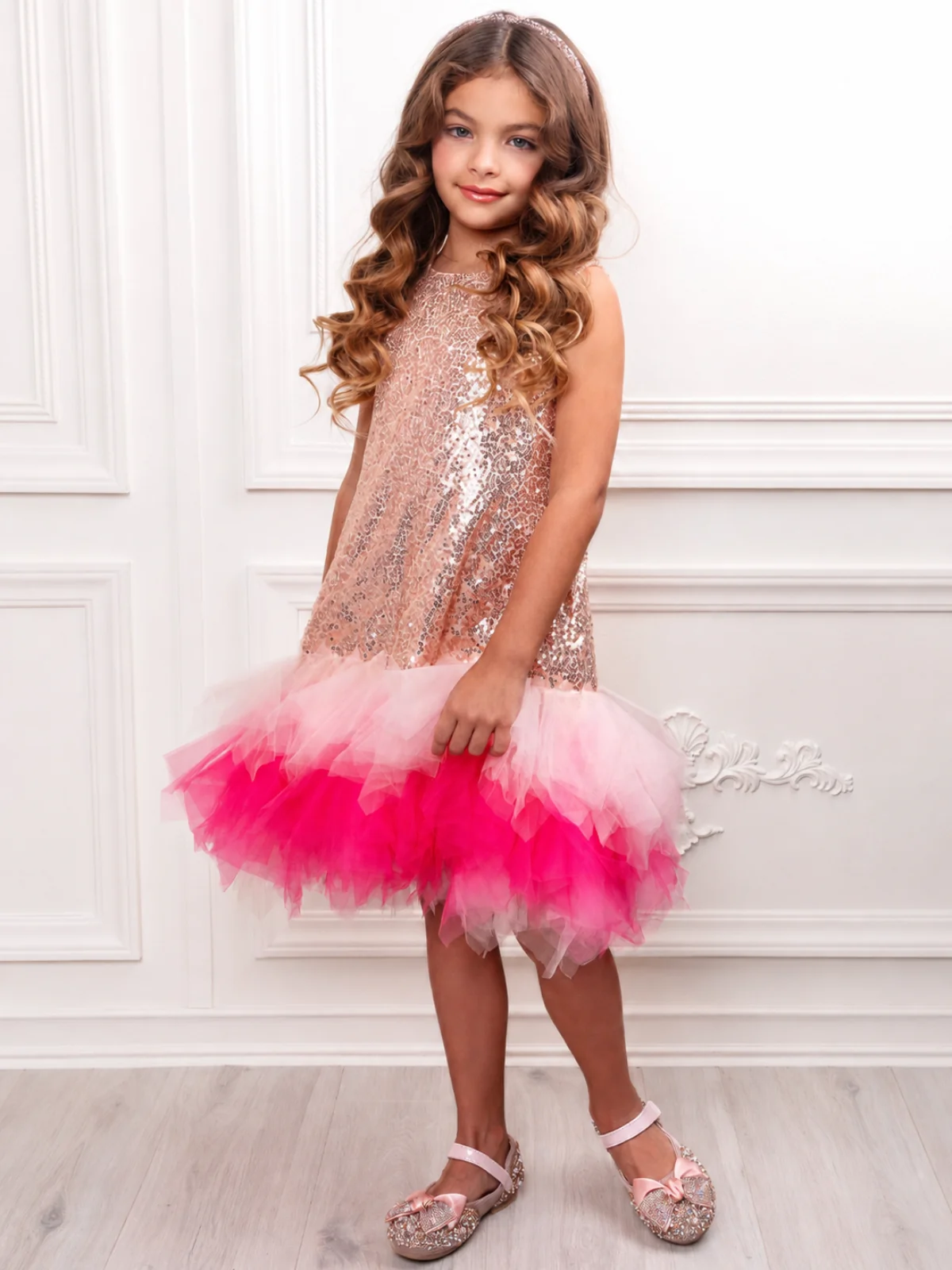 Rose Gold Sequin Tulle Party Dress - Image 5