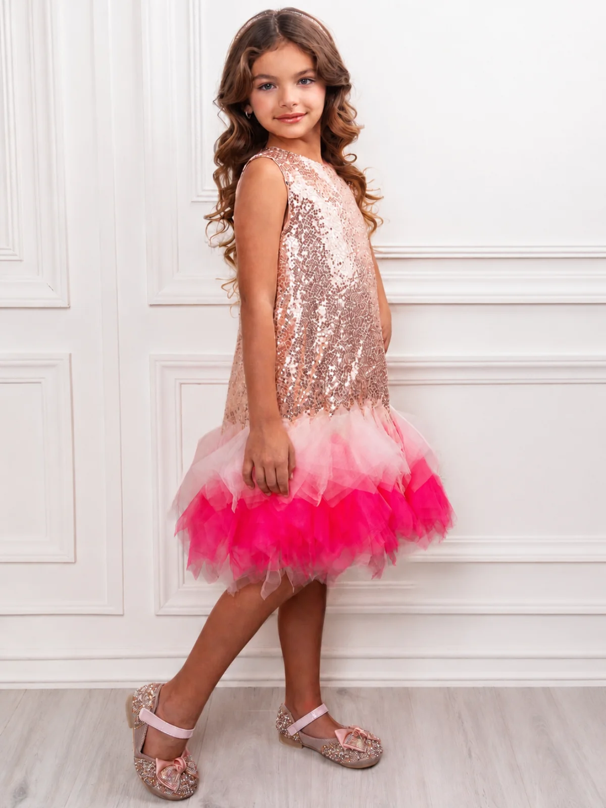 Rose Gold Sequin Tulle Party Dress - Image 7