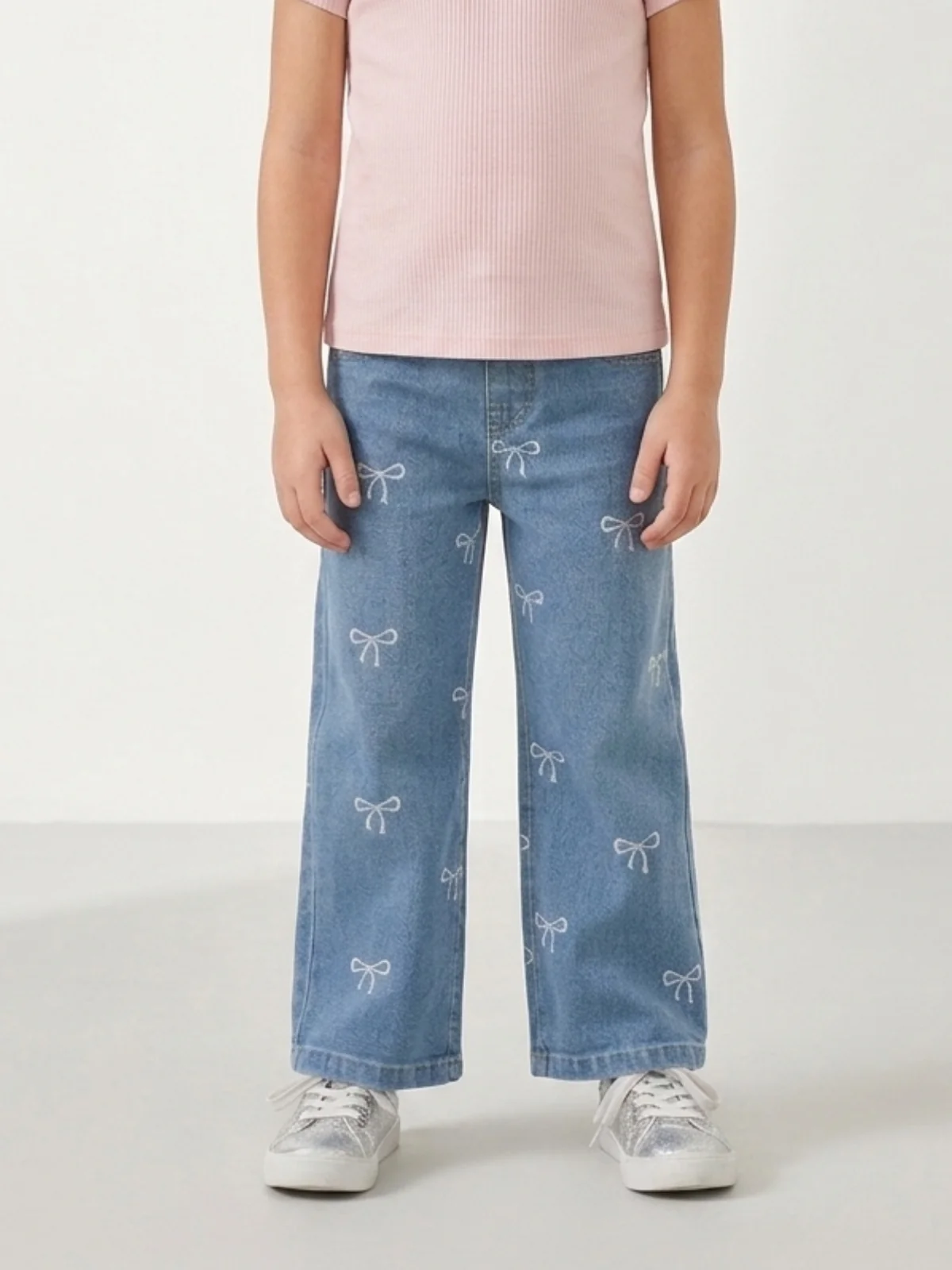 Girls Bow Print Wide Leg Jeans