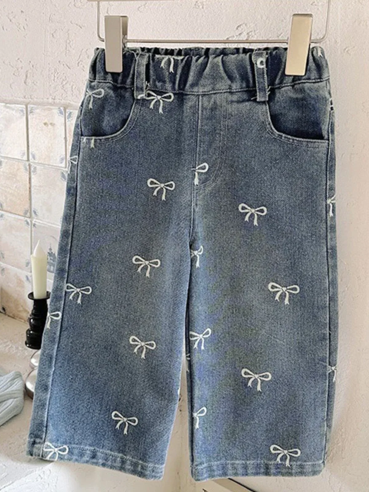 Girls Bow Print Wide Leg Jeans - Image 2