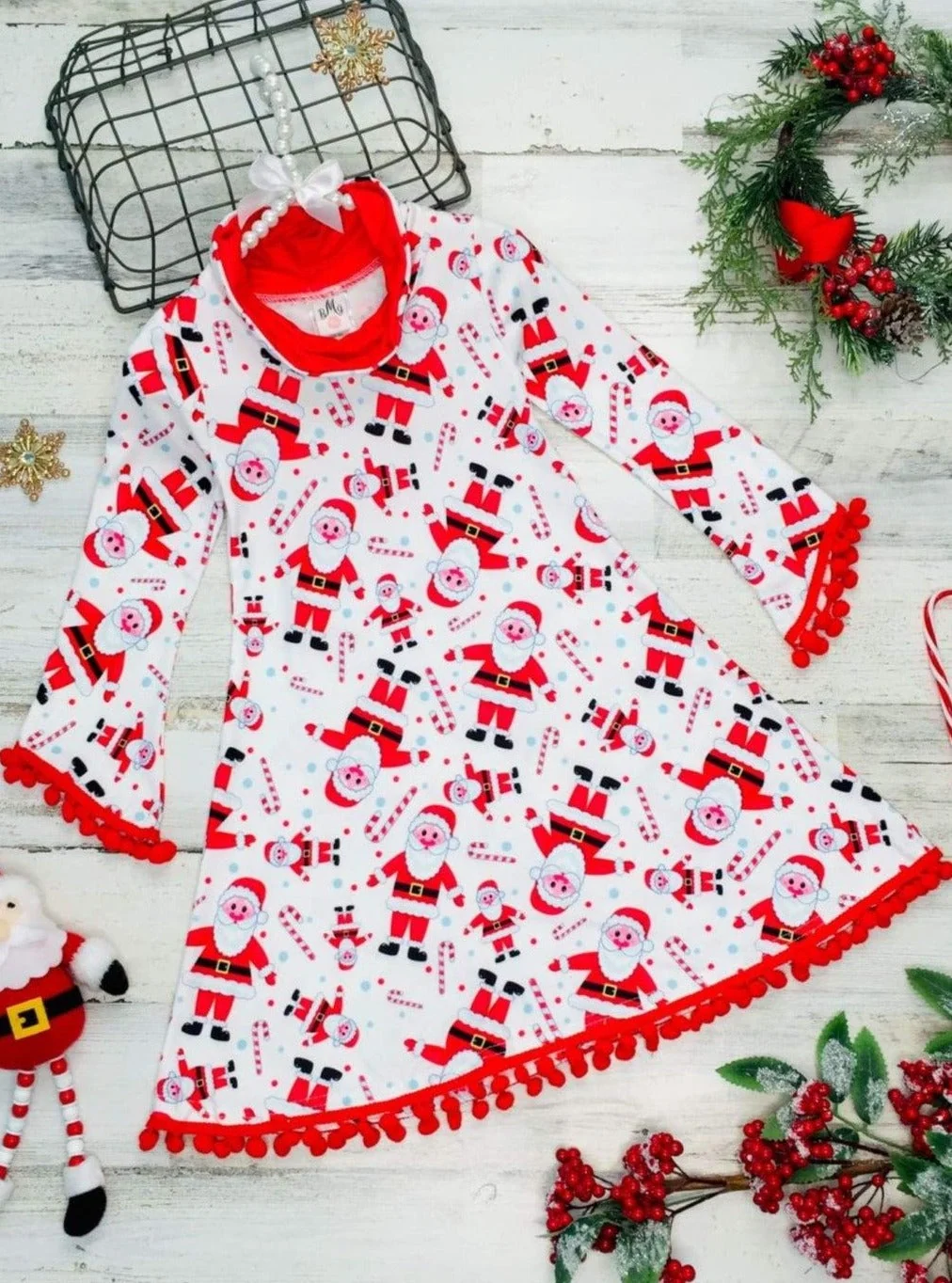 Girls Christmas Themed Long Sleeve Turtleneck A-Line Sweater Dress with Pom Pom Trim - Image 2