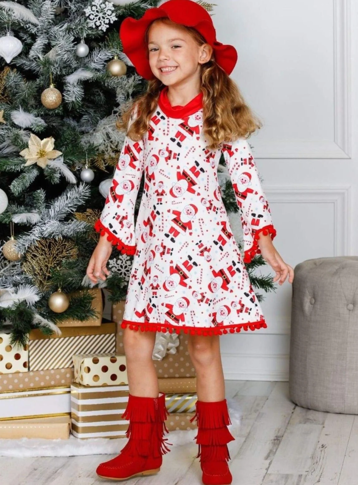 Girls Christmas Themed Long Sleeve Turtleneck A-Line Sweater Dress with Pom Pom Trim - Image 4