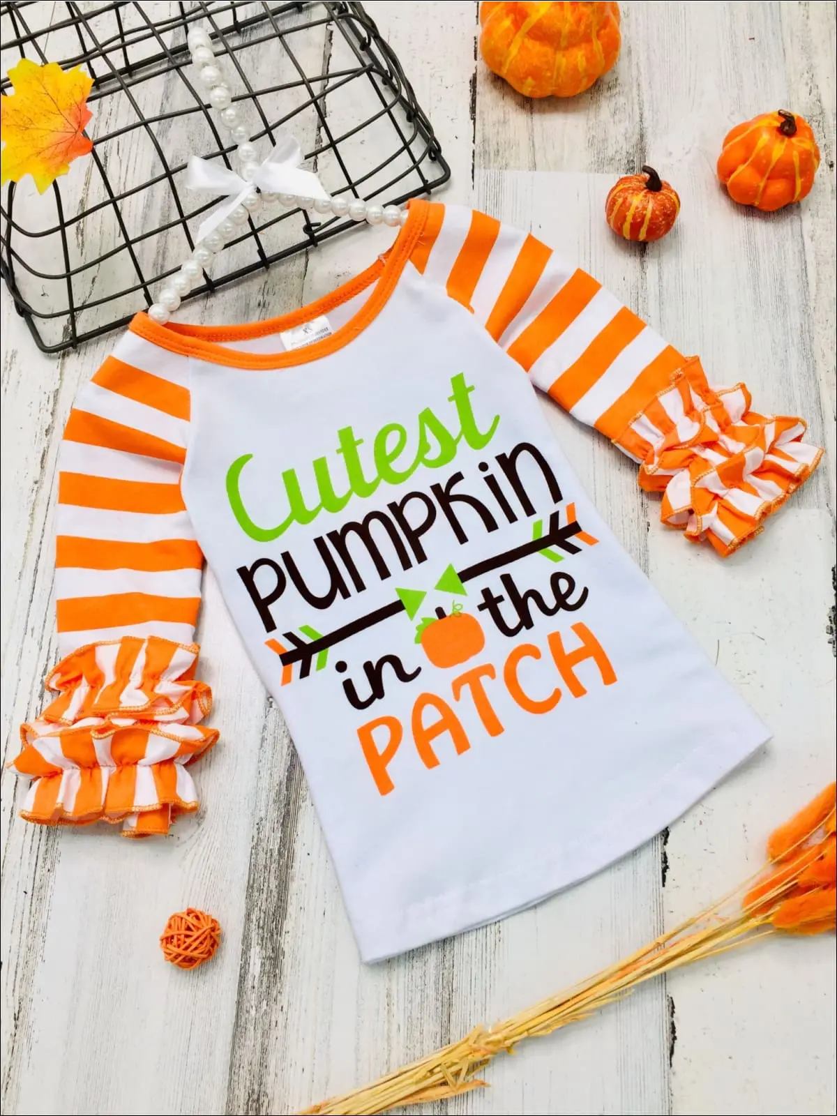 Girls "Cutest Pumpkin in the Patch" Long Striped Ruffled Raglan Sleeve Top