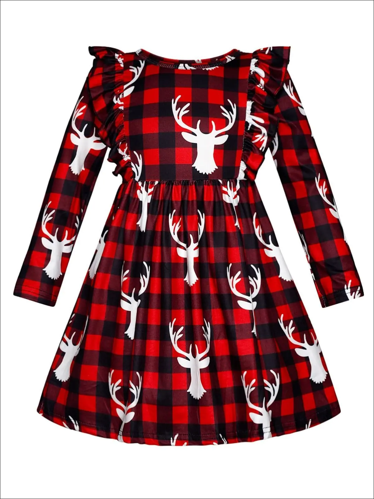 Girls Plaid Moose Print Ruffled Long Sleeve Dress