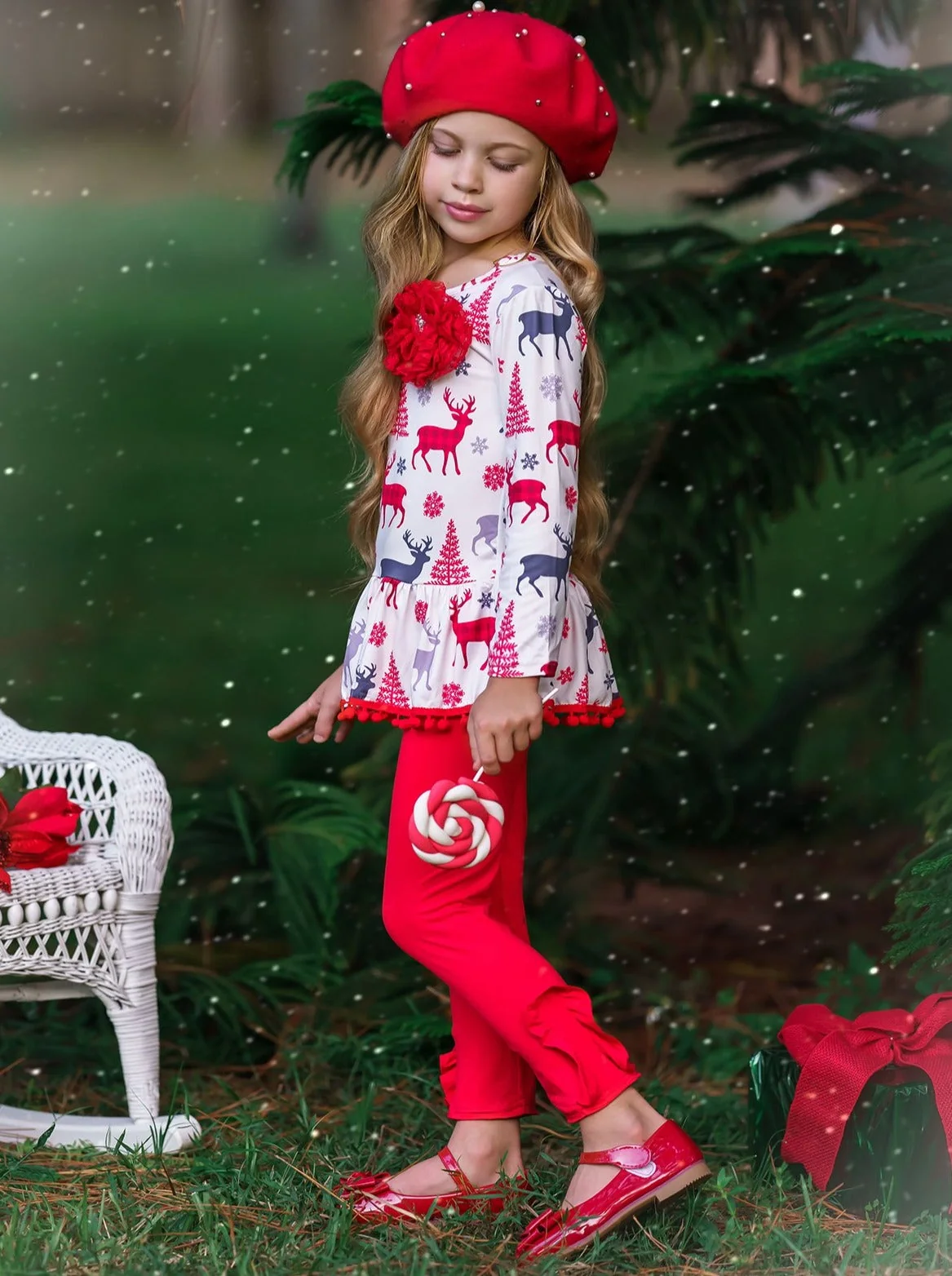 Girls Printed Long Sleeve Ruffled Pom Pom Hem Tunic And Red Legging Set - Image 4