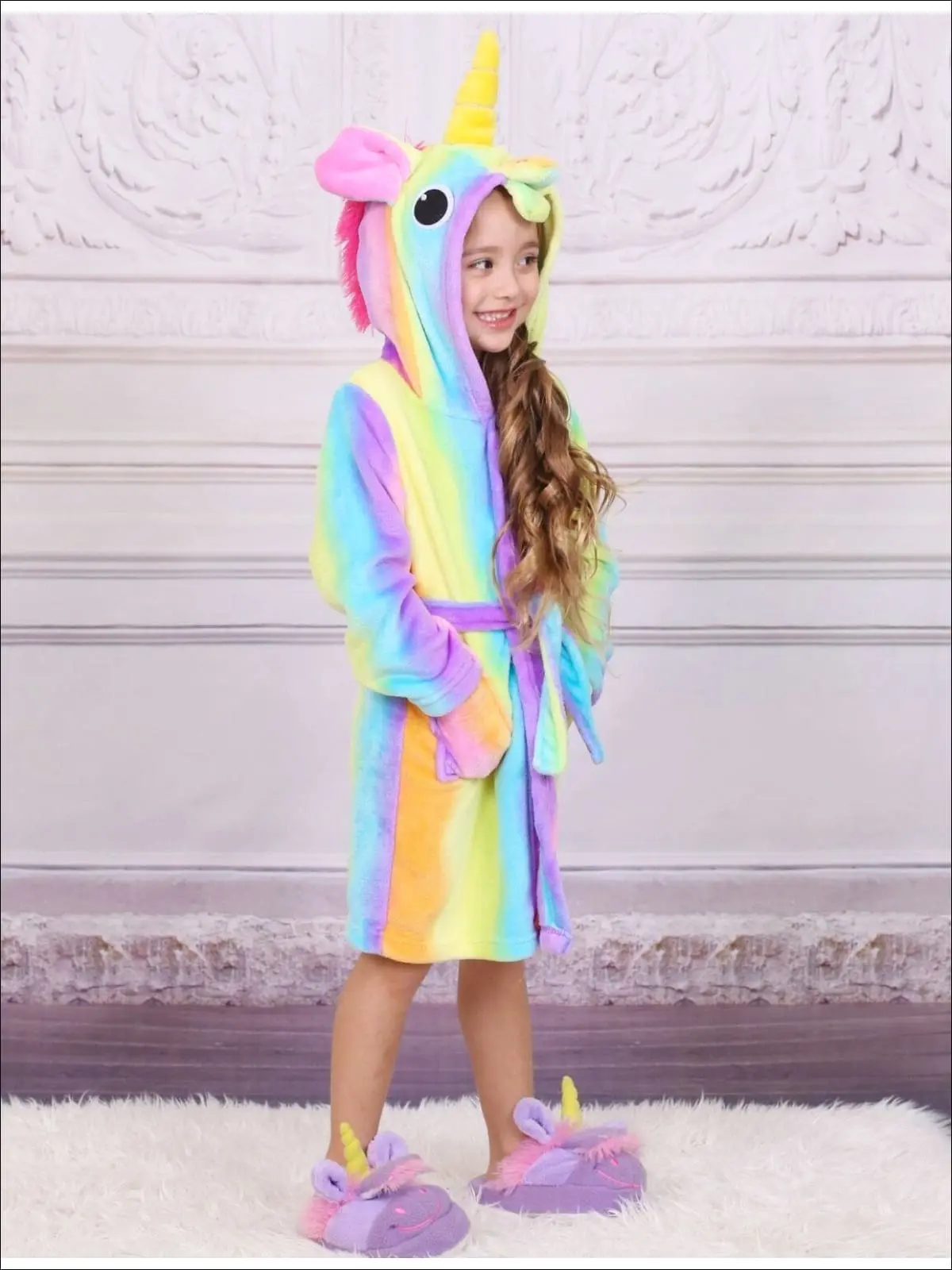 Girls Lavender Unicorn Star Print Bathrobe - Image 3