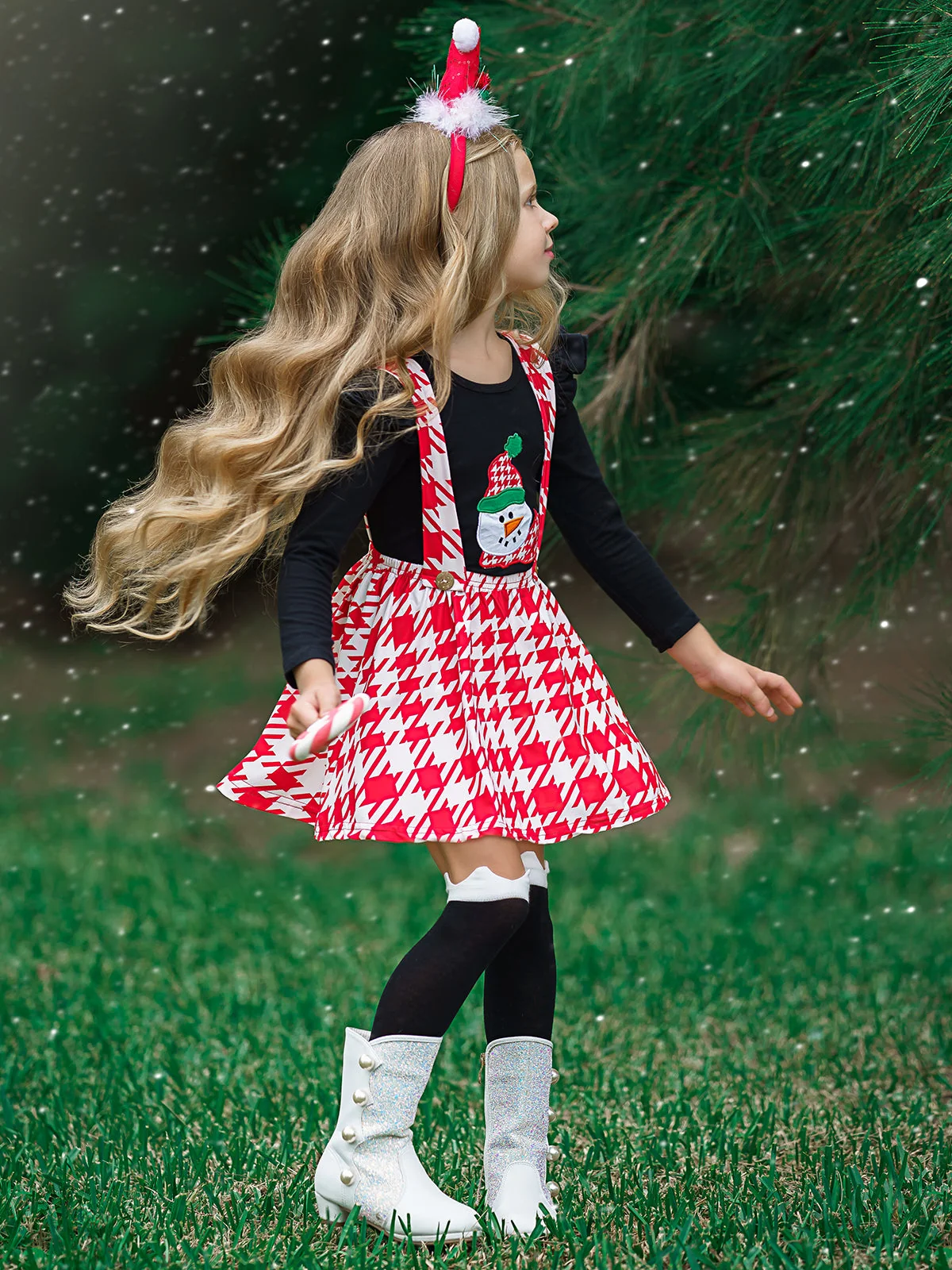 Girls Ruffled Shoulder Long Sleeve Applique Tunic And Printed Overall Dress Set - Image 2