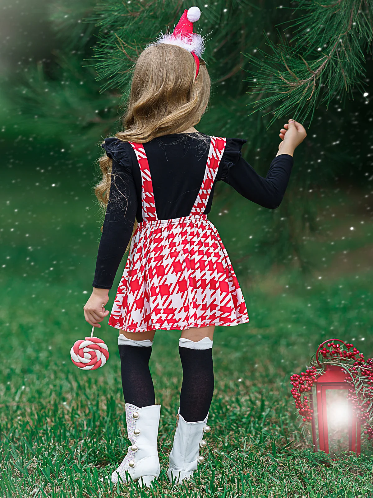 Girls Ruffled Shoulder Long Sleeve Applique Tunic And Printed Overall Dress Set - Image 3