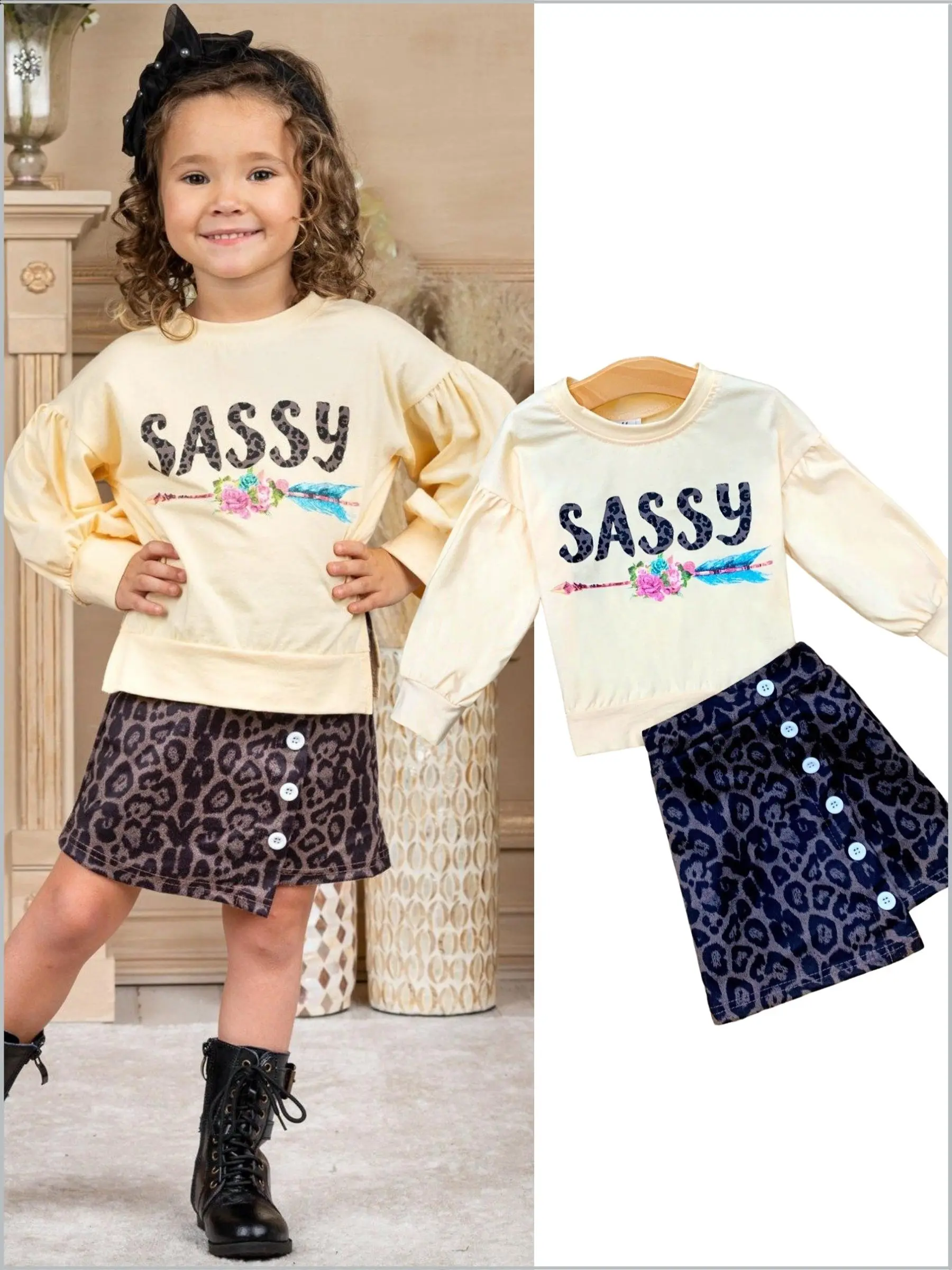 Sassy Sweatshirt and Leopard Print Buttoned Skirt Set