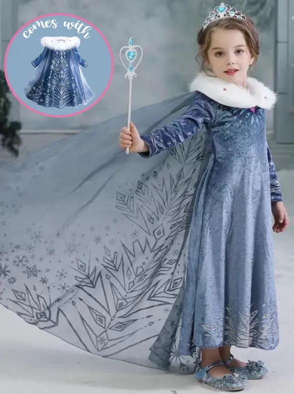 Girls Snow Queen Inspired Costume Dress with Cape