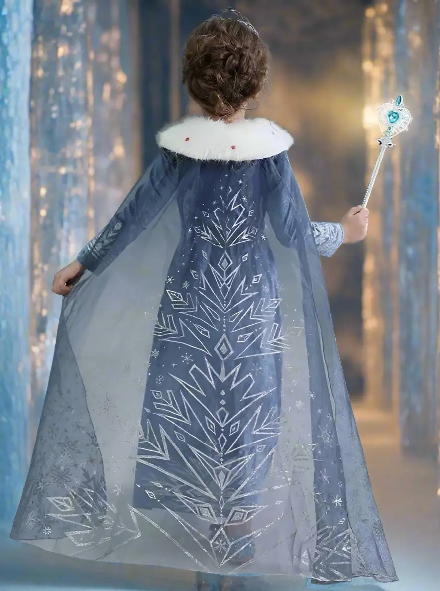 Girls Snow Queen Inspired Costume Dress with Cape - Image 2