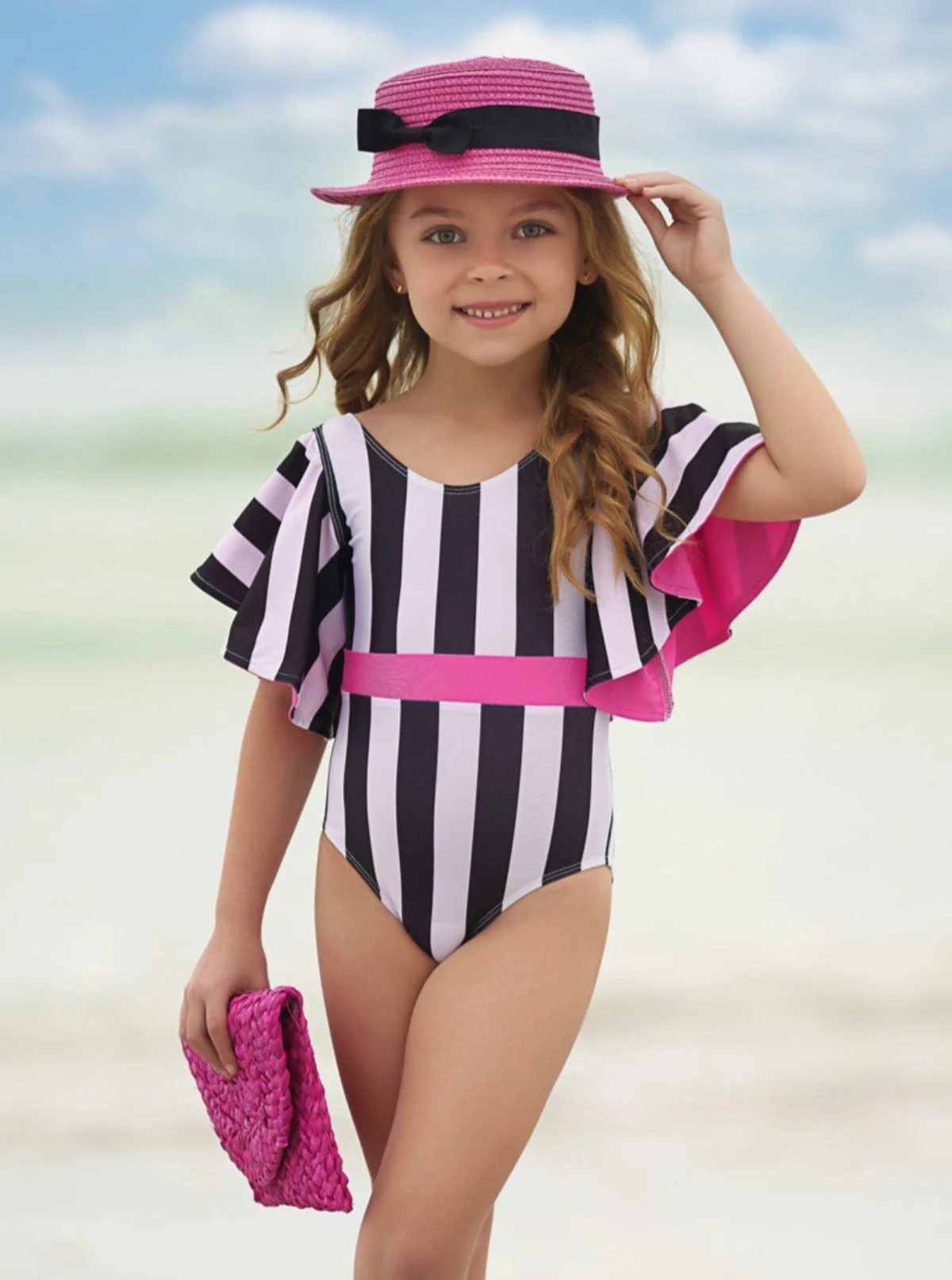 Pop Of Pink Flare Sleeve Striped One Piece Swimsuit - Image 3
