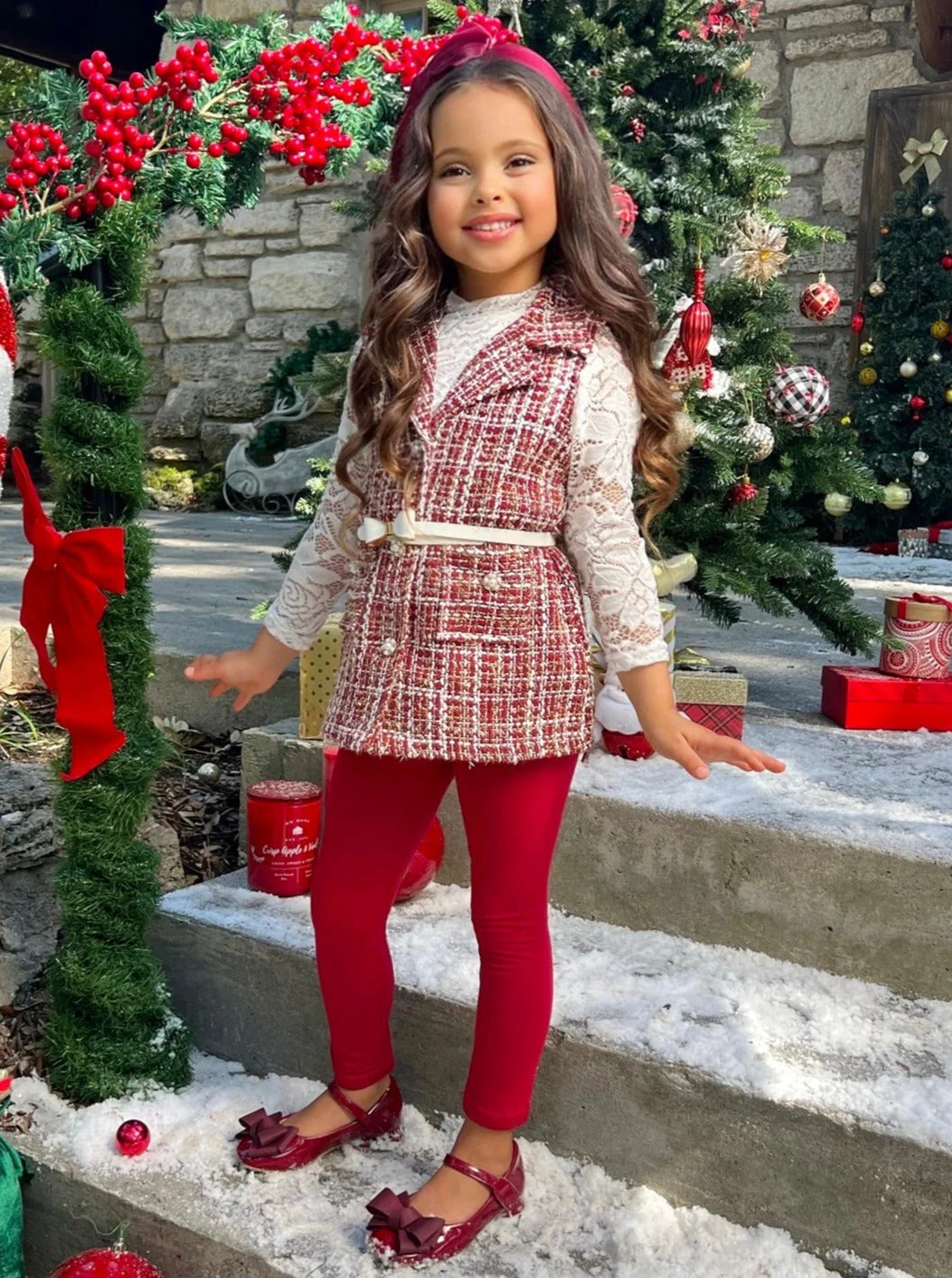 Frosty and Chic White Lace Top, Tweed Vest, Belt and Legging Set