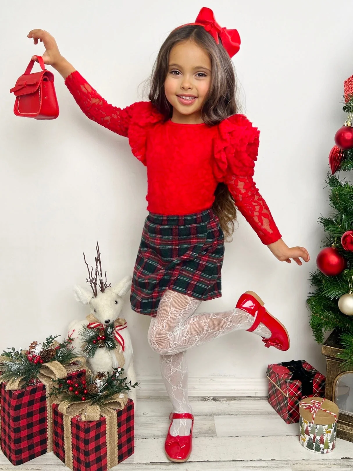 Rosy Daydream Rosette Sleeve Lace Top and Plaid Skort Set - Image 5