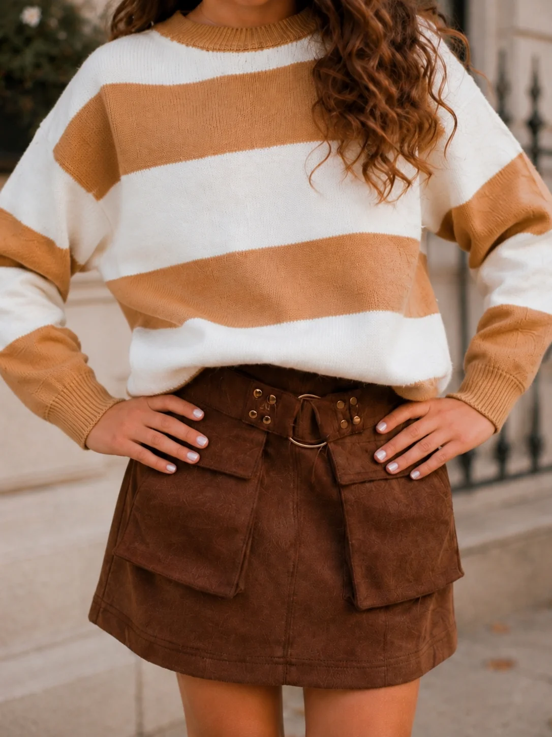 Harvest Stripe Sweater and Faux Suede Cargo Skirt Set - Image 3
