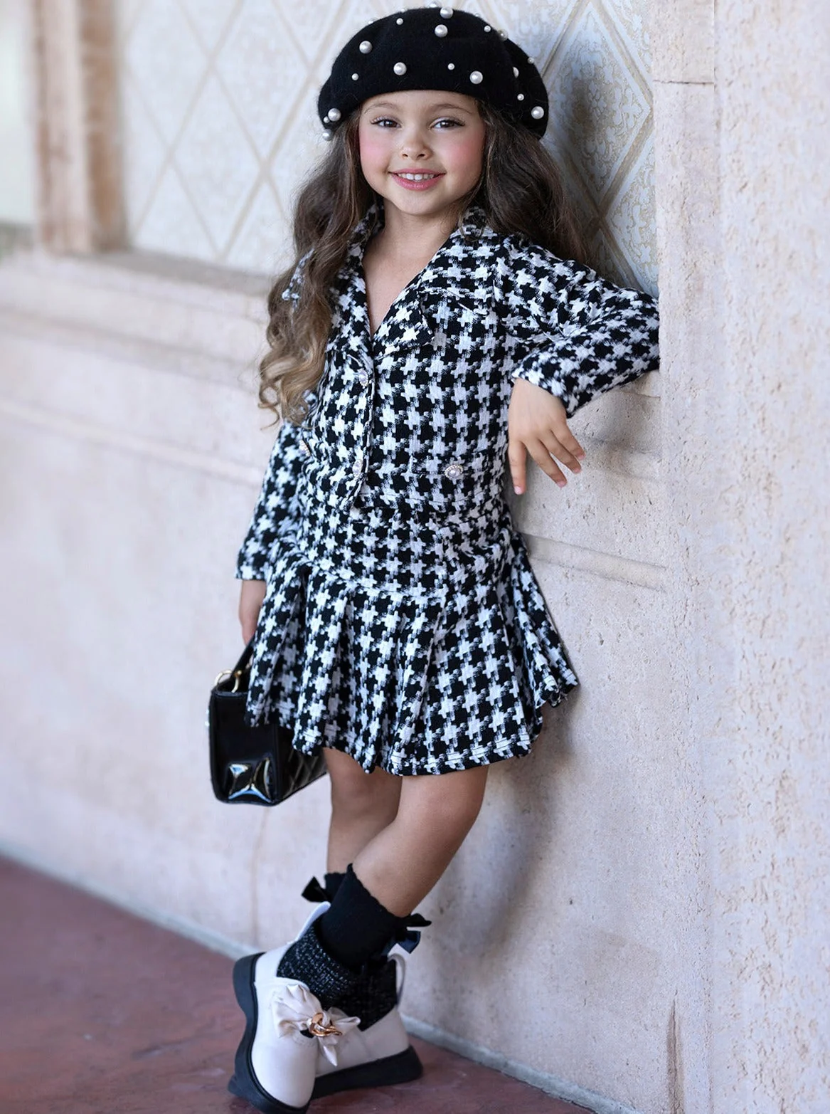Pearl Houndstooth Luxe Blazer And Pleated Skirt Set - Image 2