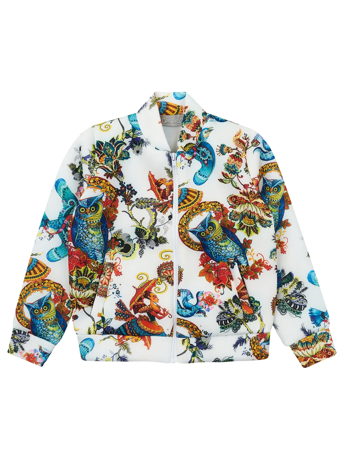 Botanical Owl Ivory Neoprene Bomber Jacket by Kids Couture - Image 2