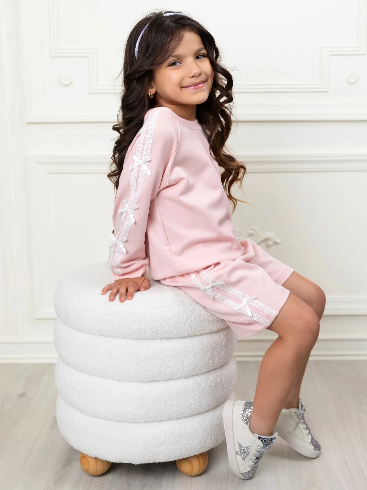 Lace Bow Cotton Sweatshirt and Short Set - Image 2