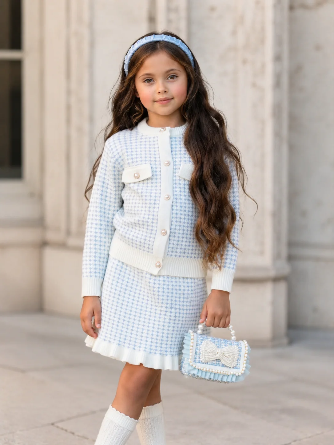 Light Blue Houndstooth Knit Cardigan and Ruffle Skirt Set - Image 4