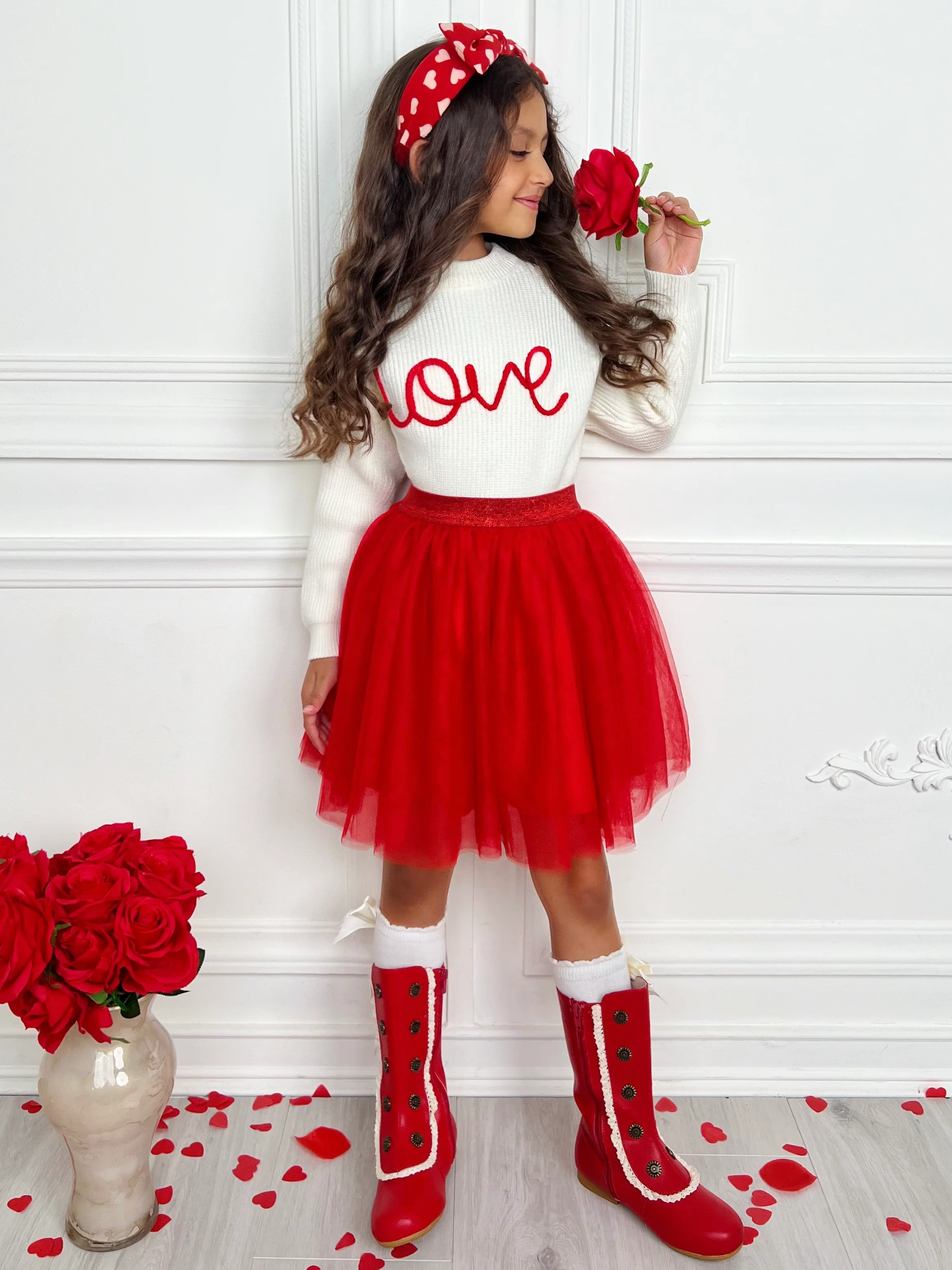 Embroidered "Love" Sweater and Tutu Skirt Set