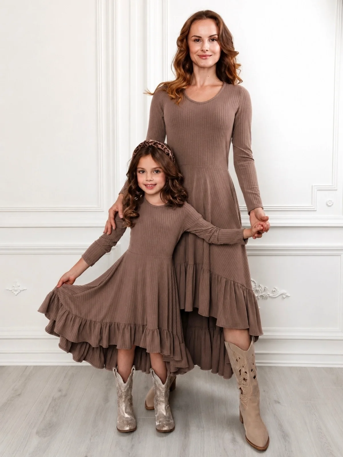 Mommy and Me Brown Ruffled Rib Hi-Lo Twirl Dress - Image 3