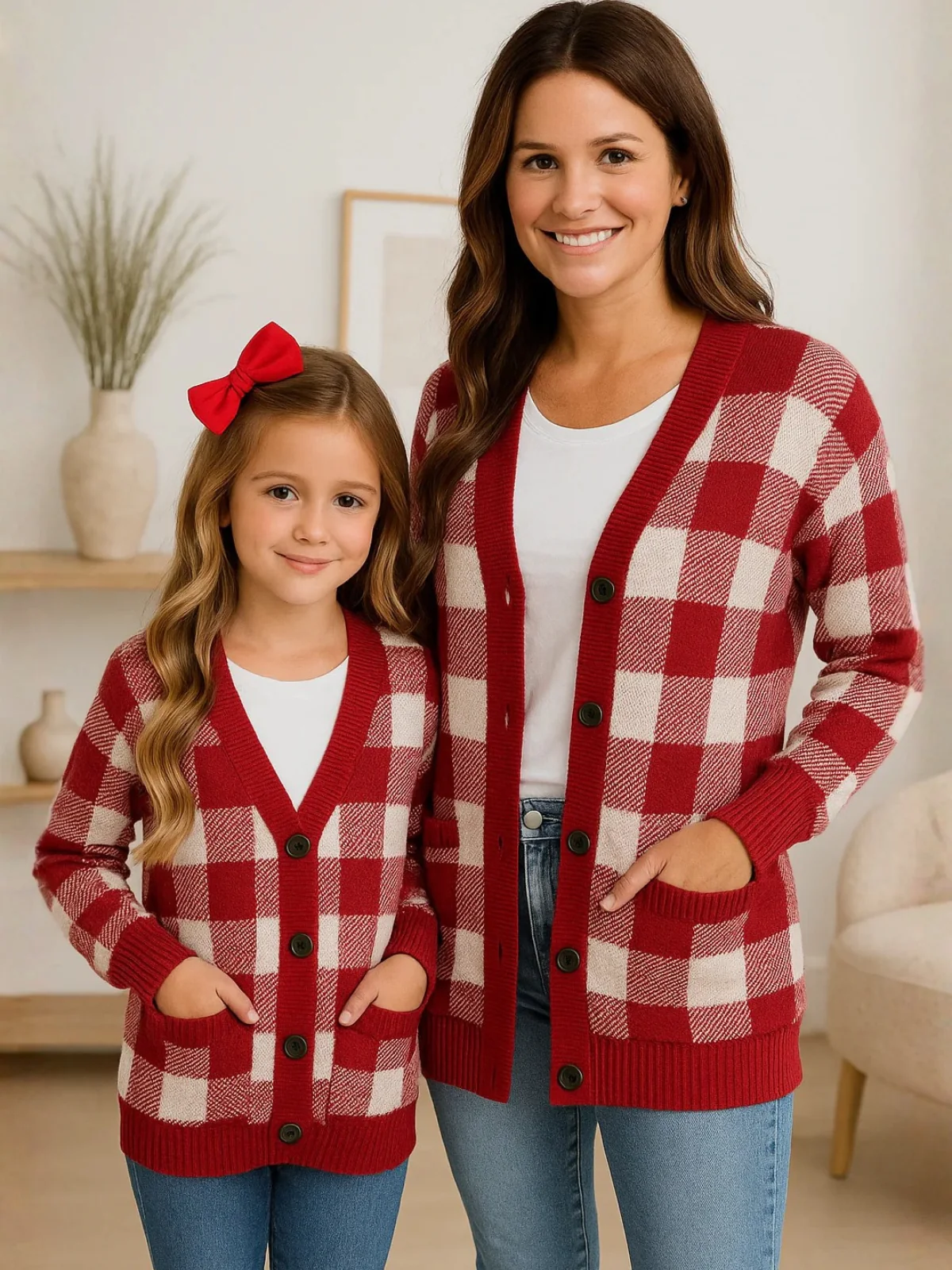 Mommy and Me Burgundy and White Checkered Oversized Cardigan - Image 4