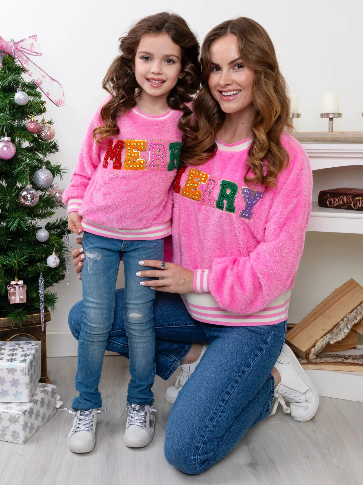 Mommy and Me Merry Embroidered Pink Furry Sweater - Image 7