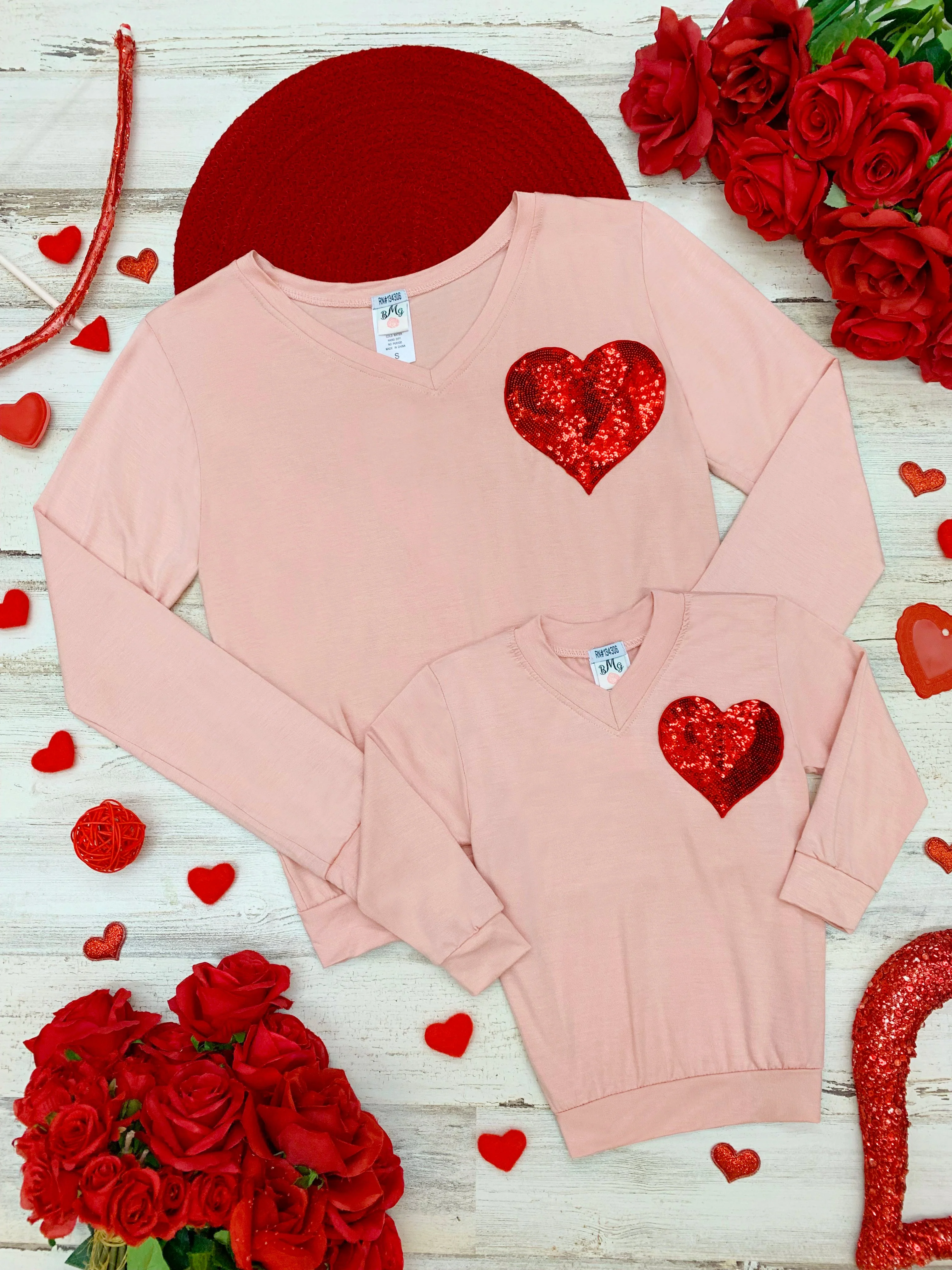 Valentine's Day Sequin Heart Long Sleeve Pink Top - Image 2